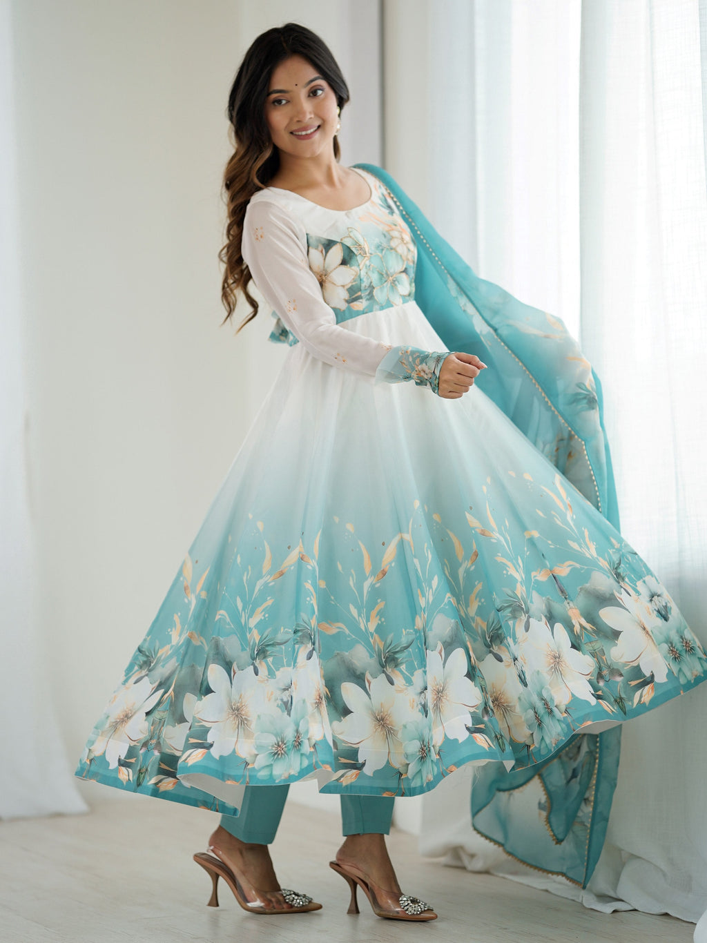 Sky Blue Pure Organza Silk Floral Anarkali Suit Set