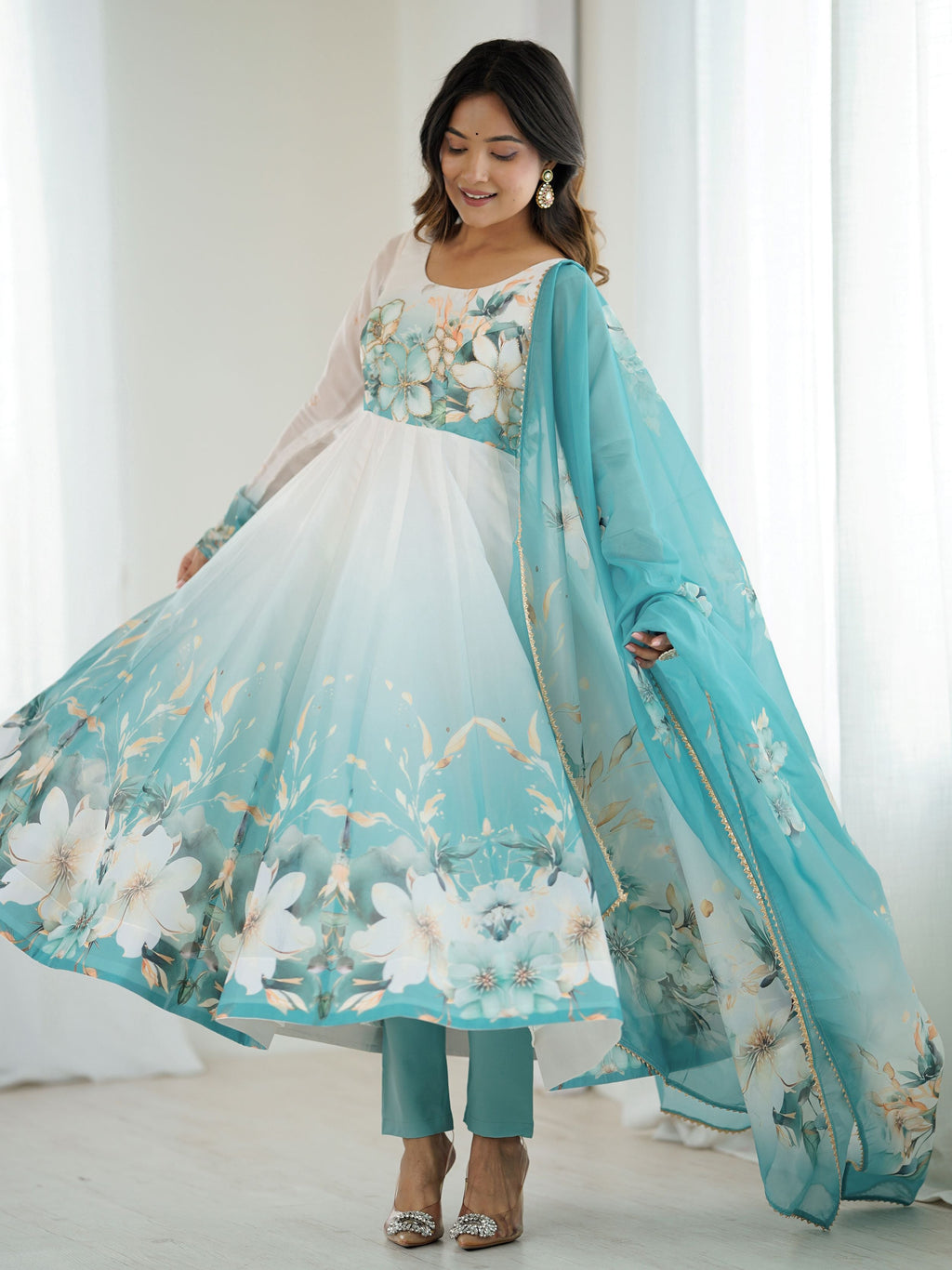 Sky Blue Pure Organza Silk Floral Anarkali Suit Set