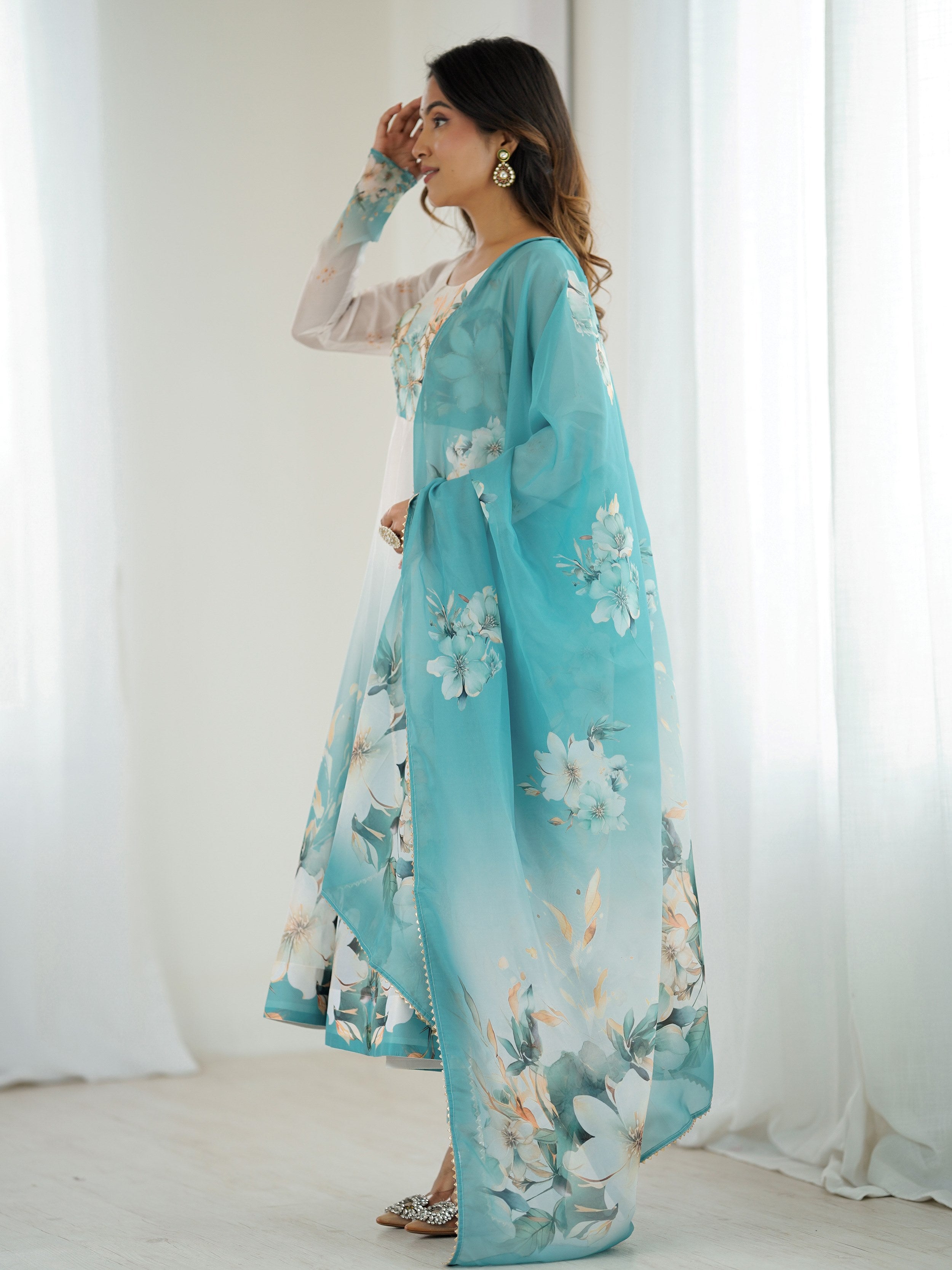 Sky Blue Pure Organza Silk Floral Anarkali Suit Set