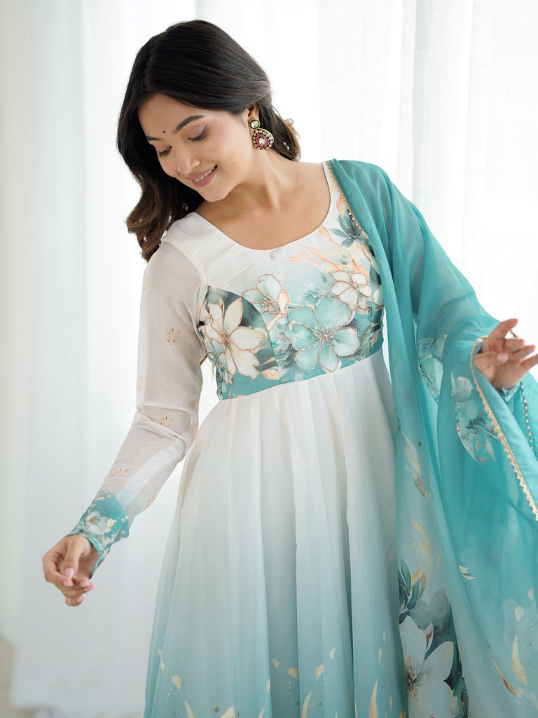 Sky Blue Pure Organza Silk Floral Anarkali Suit Set