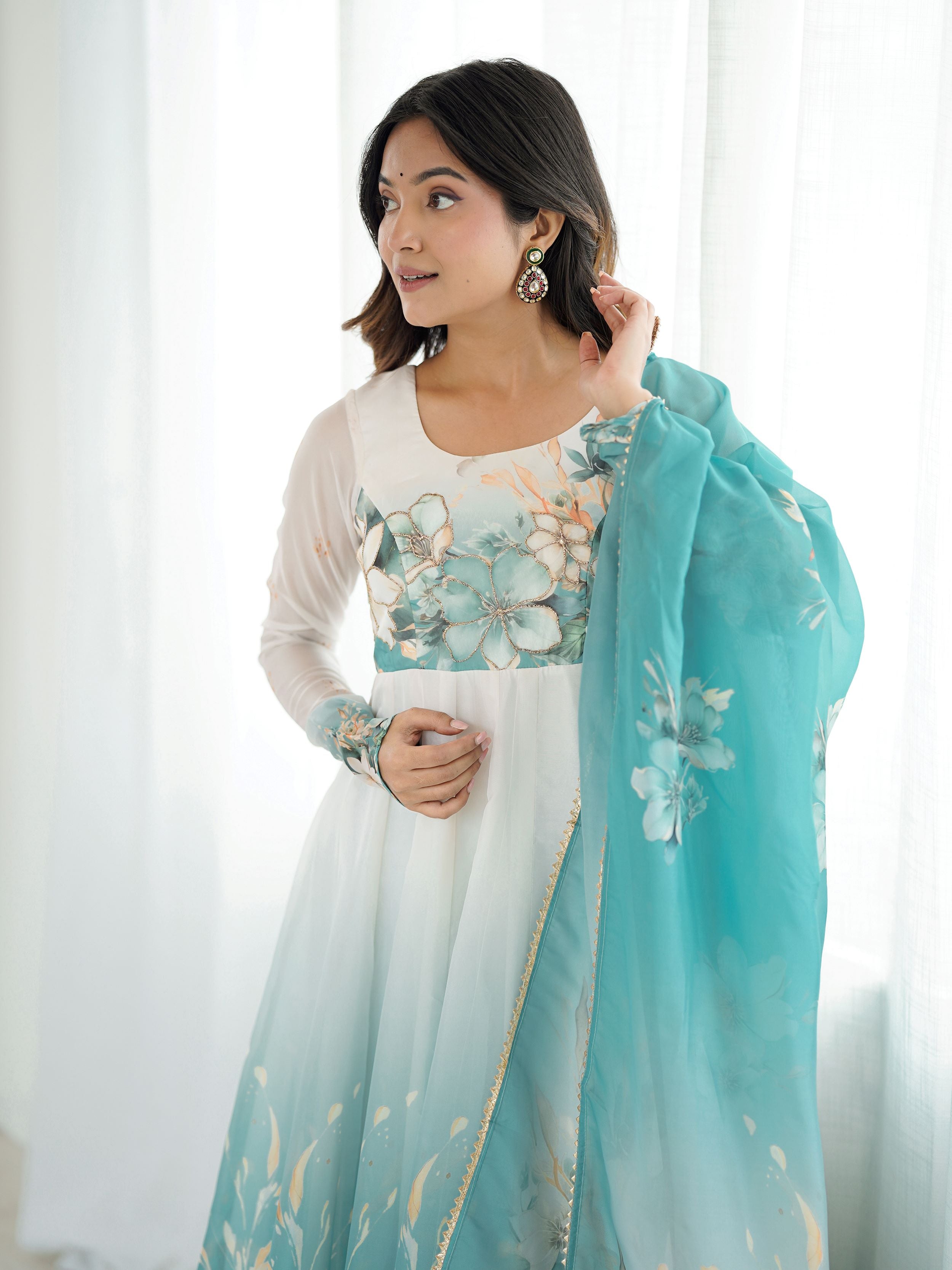 Sky Blue Pure Organza Silk Floral Anarkali Suit Set