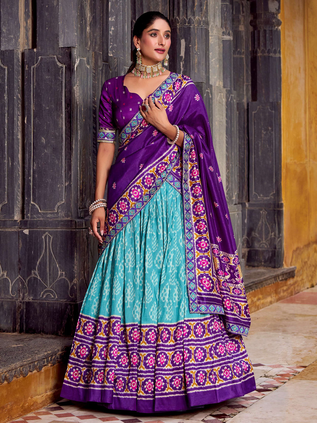 Sky Blue Silk Print and Sequins Thread Embroidery Lehenga with Dupatta