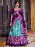 Sky Blue Silk Print and Sequins Thread Embroidery Lehenga with Dupatta