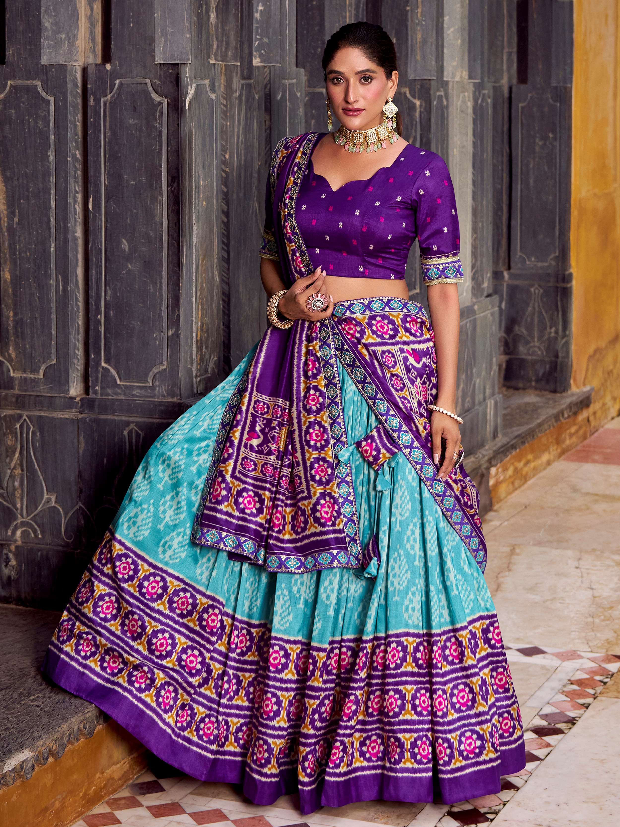 Sky Blue Silk Print and Sequins Thread Embroidery Lehenga with Dupatta