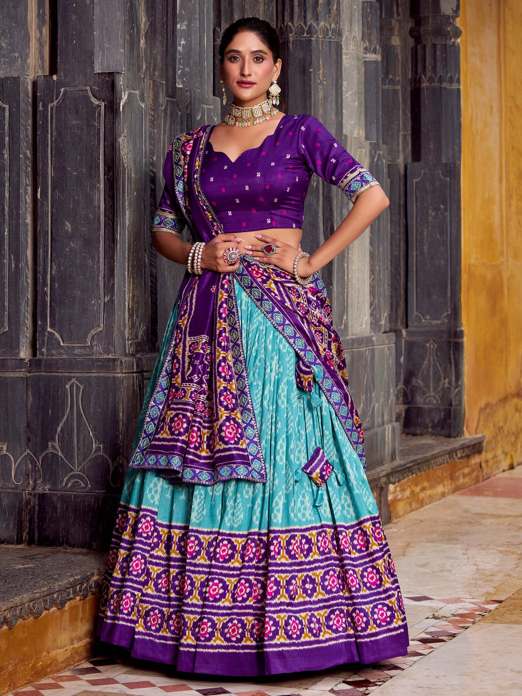 Sky Blue Silk Print and Sequins Thread Embroidery Lehenga with Dupatta