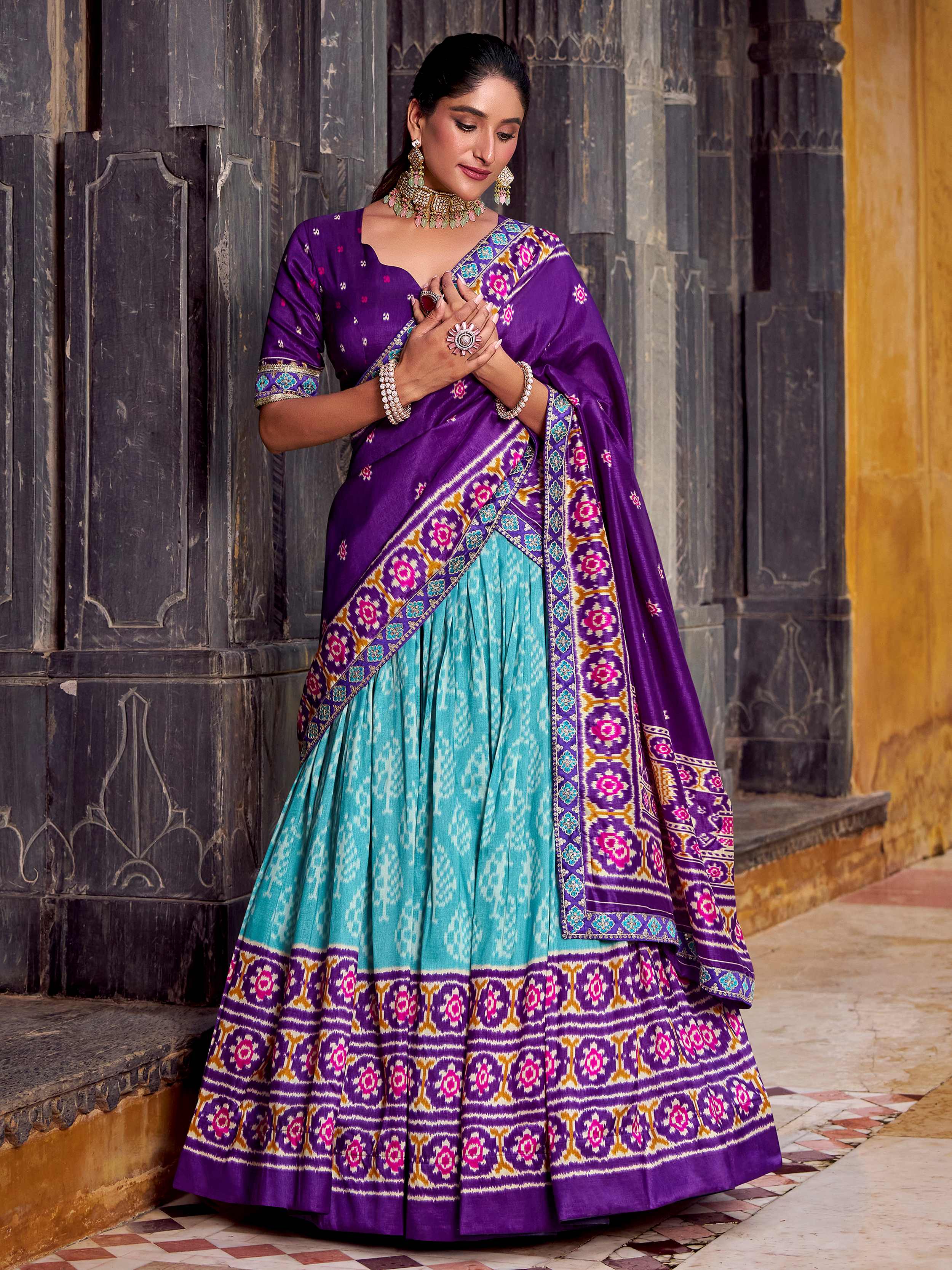 Sky Blue Silk Print and Sequins Thread Embroidery Lehenga with Dupatta