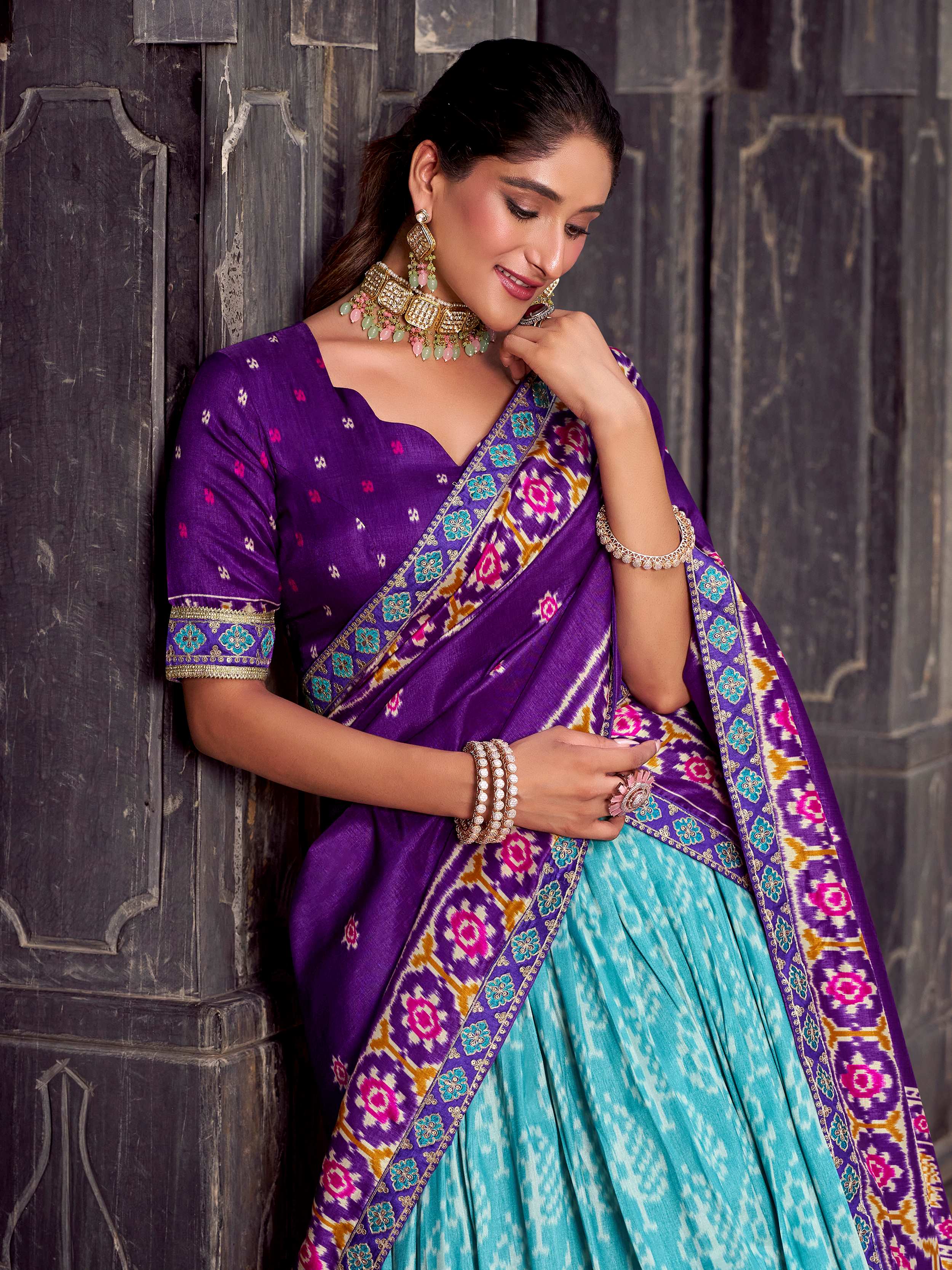 Sky Blue Silk Print and Sequins Thread Embroidery Lehenga with Dupatta