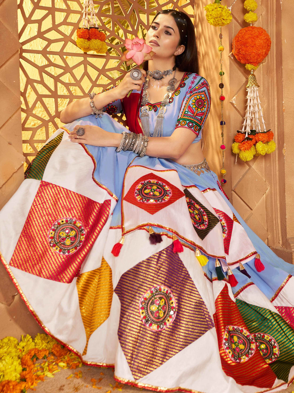 Sky Blue Viscose Cotton Thread Embroidery Navratri Lehenga Choli