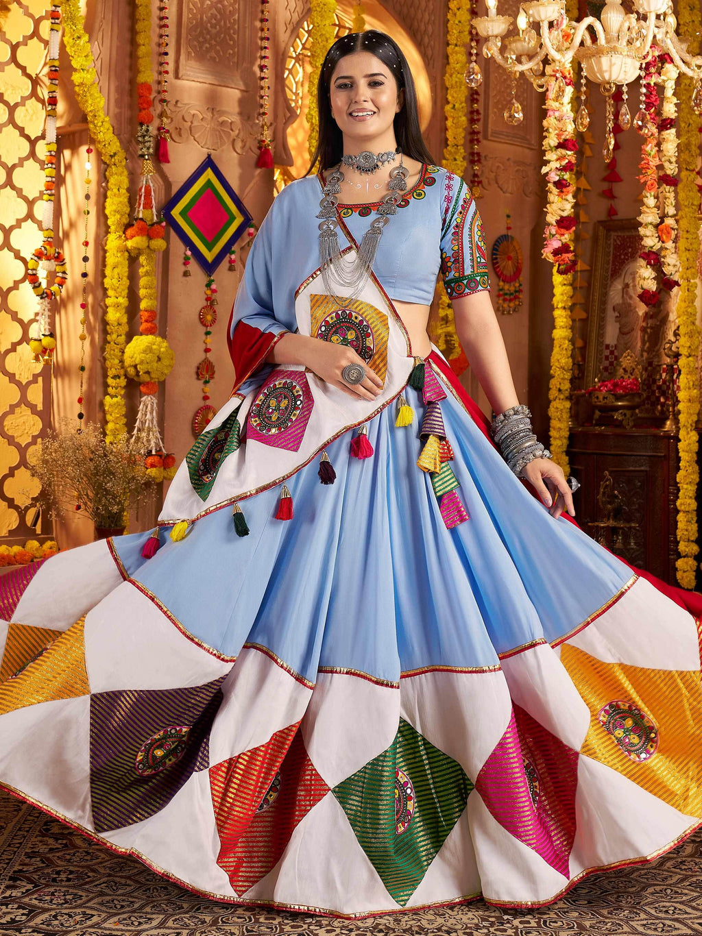 Sky Blue Viscose Cotton Thread Embroidery Navratri Lehenga Choli