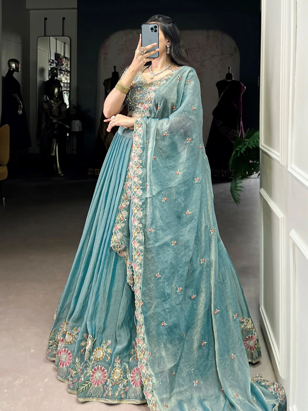 Sky blue zari shimmer sequins and thread embroidery lehenga choli