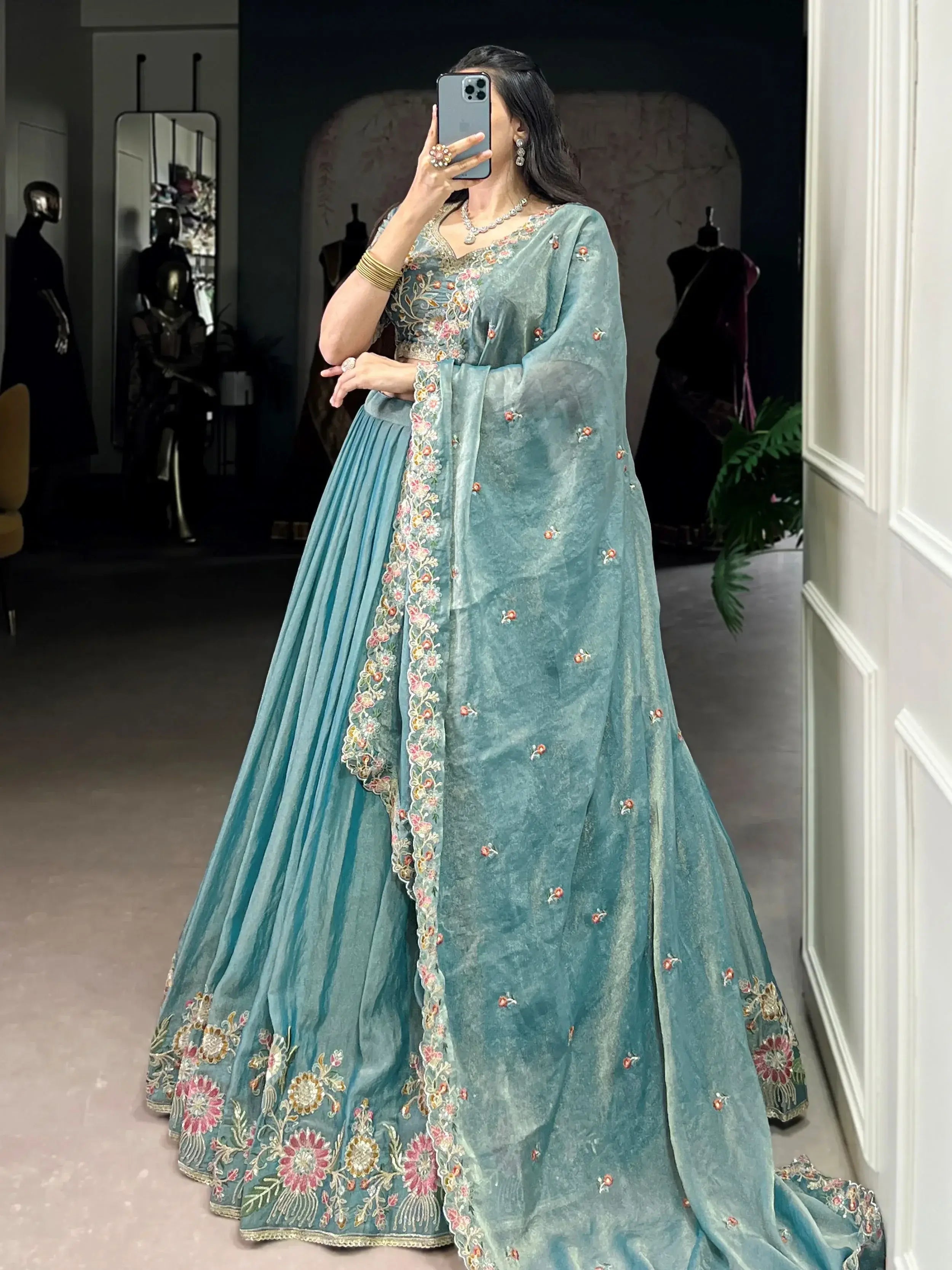 Sky blue zari shimmer sequins and thread embroidery lehenga choli