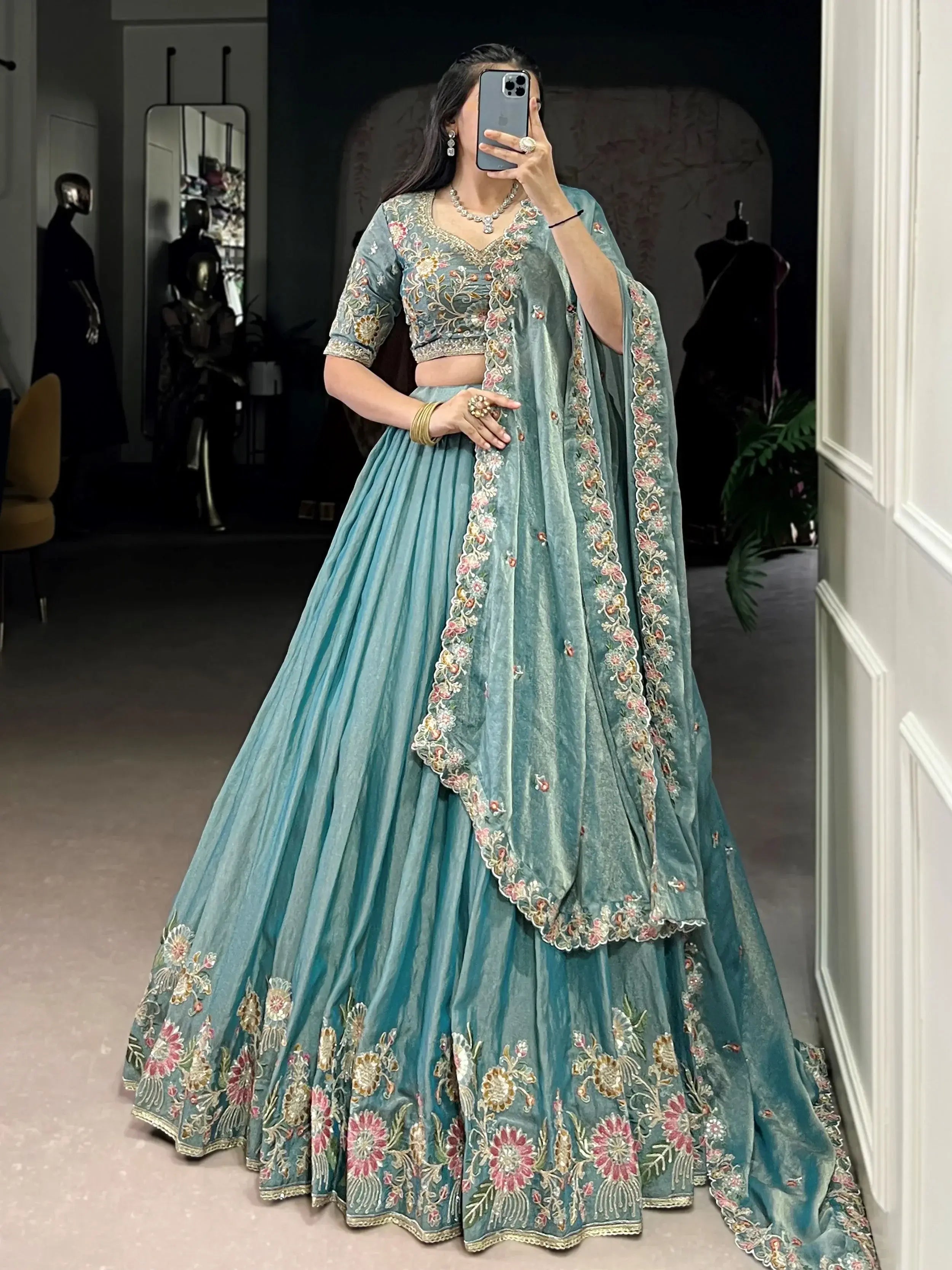 Sky blue zari shimmer sequins and thread embroidery lehenga choli