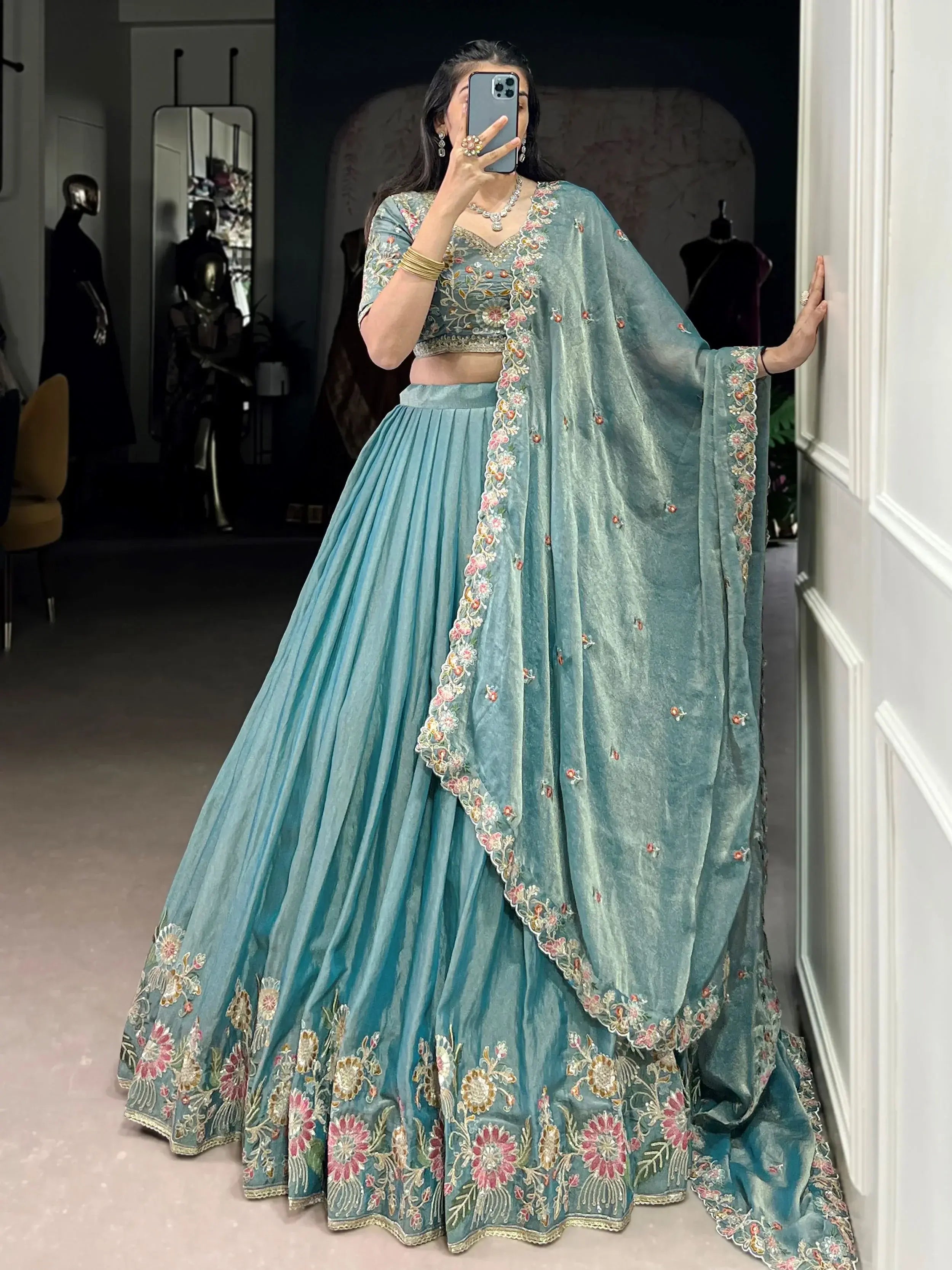 Sky blue zari shimmer sequins and thread embroidery lehenga choli