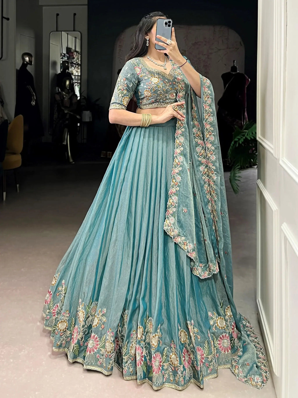 Sky blue zari shimmer sequins and thread embroidery lehenga choli
