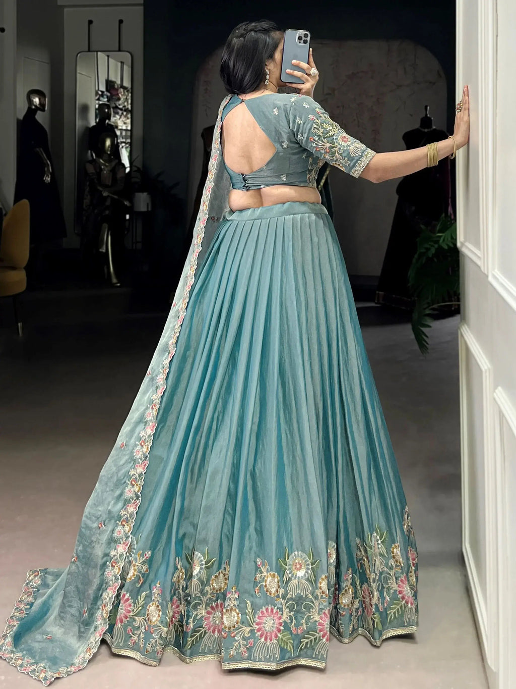 Sky blue zari shimmer sequins and thread embroidery lehenga choli