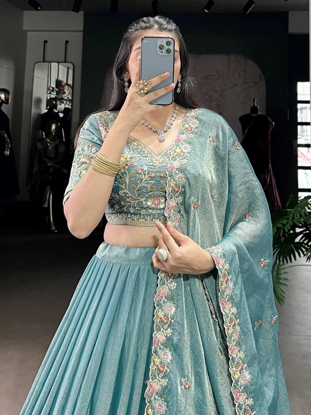 Sky blue zari shimmer sequins and thread embroidery lehenga choli