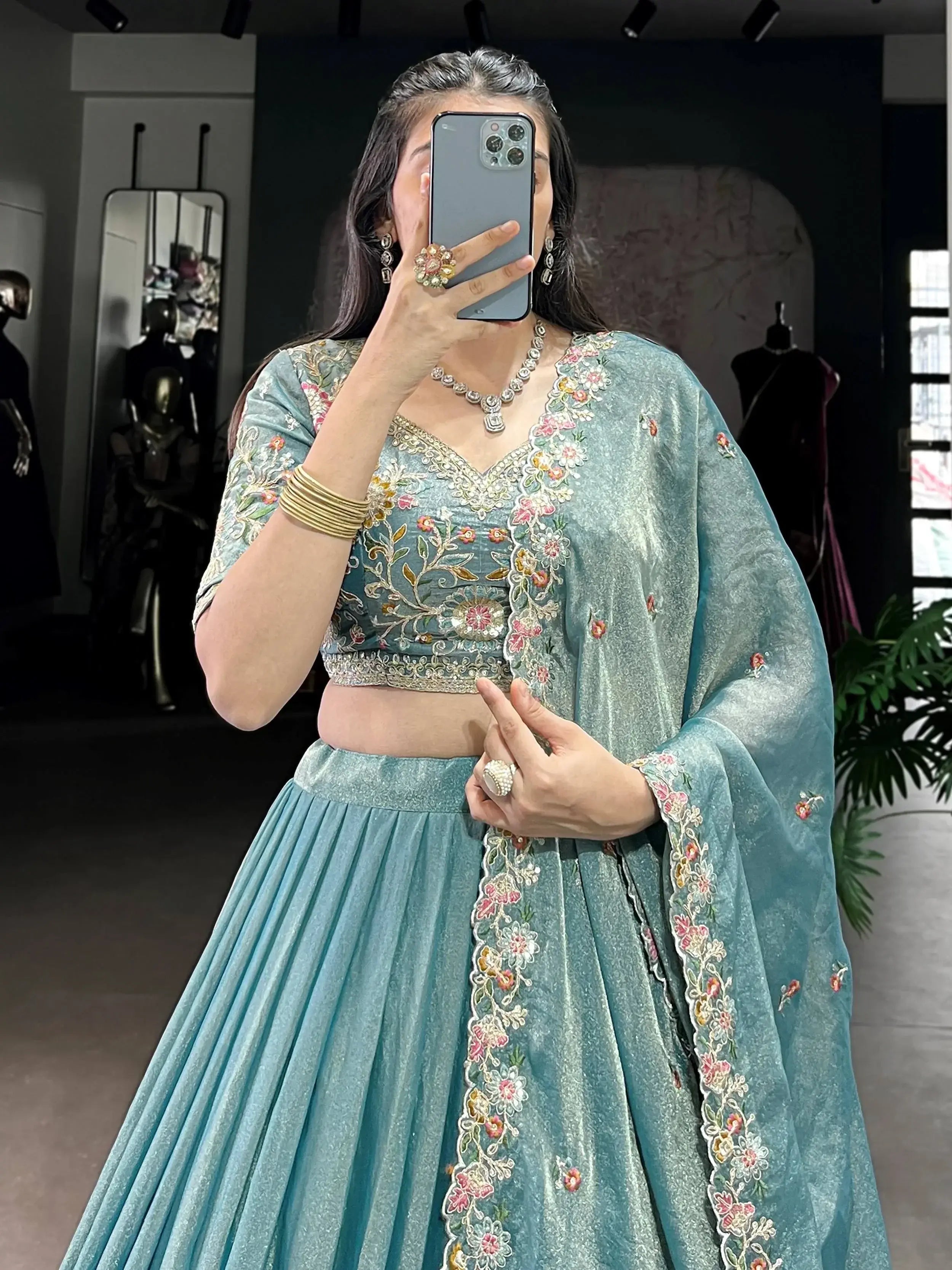 Sky blue zari shimmer sequins and thread embroidery lehenga choli