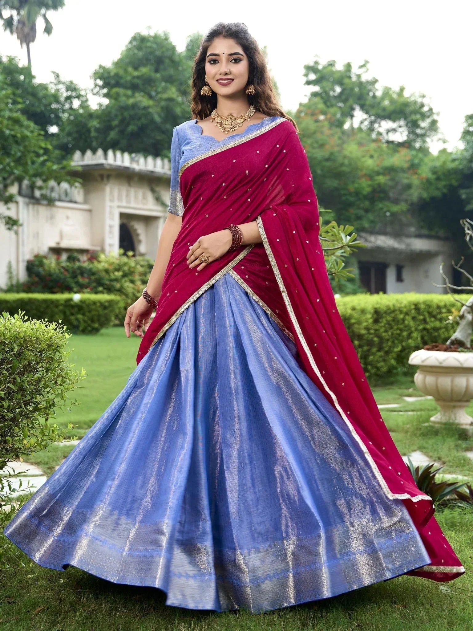 Sky Blue Zari Weaving Sequins Embroidered Kanchipuram Silk Lehenga Choli