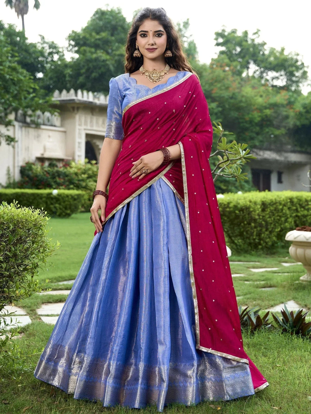 Sky Blue Zari Weaving Sequins Embroidered Kanchipuram Silk Lehenga Choli