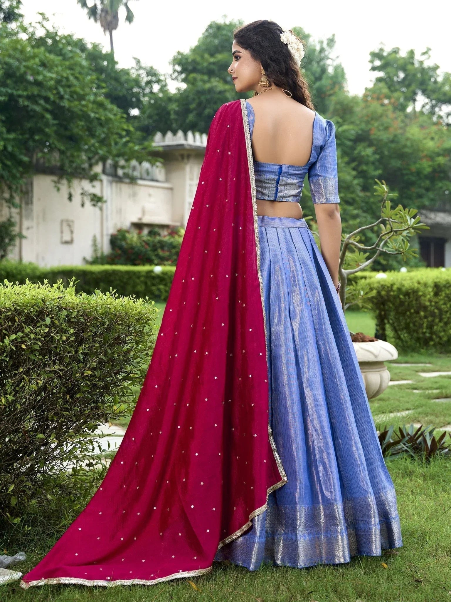 Sky Blue Zari Weaving Sequins Embroidered Kanchipuram Silk Lehenga Choli