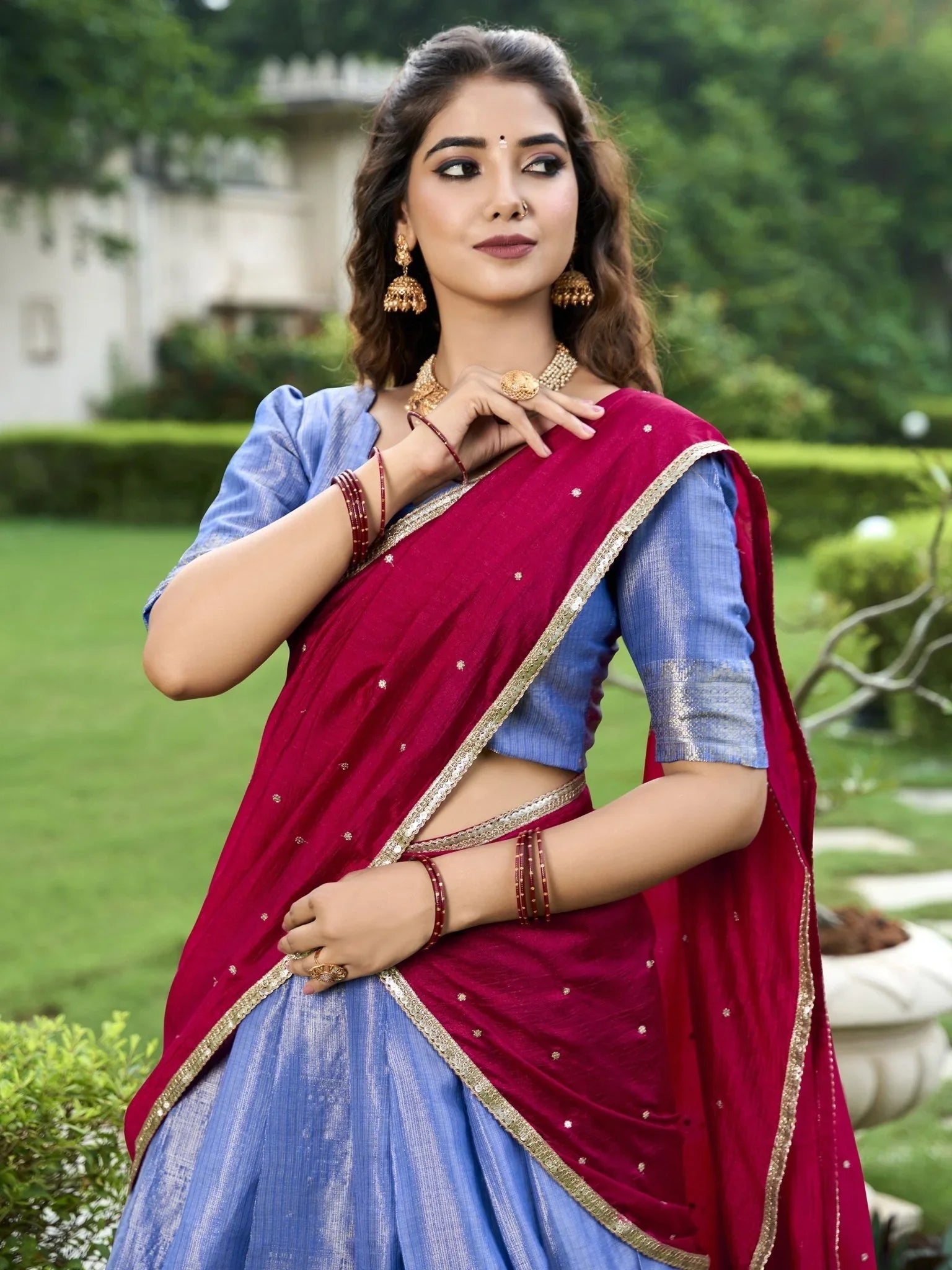 Sky Blue Zari Weaving Sequins Embroidered Kanchipuram Silk Lehenga Choli