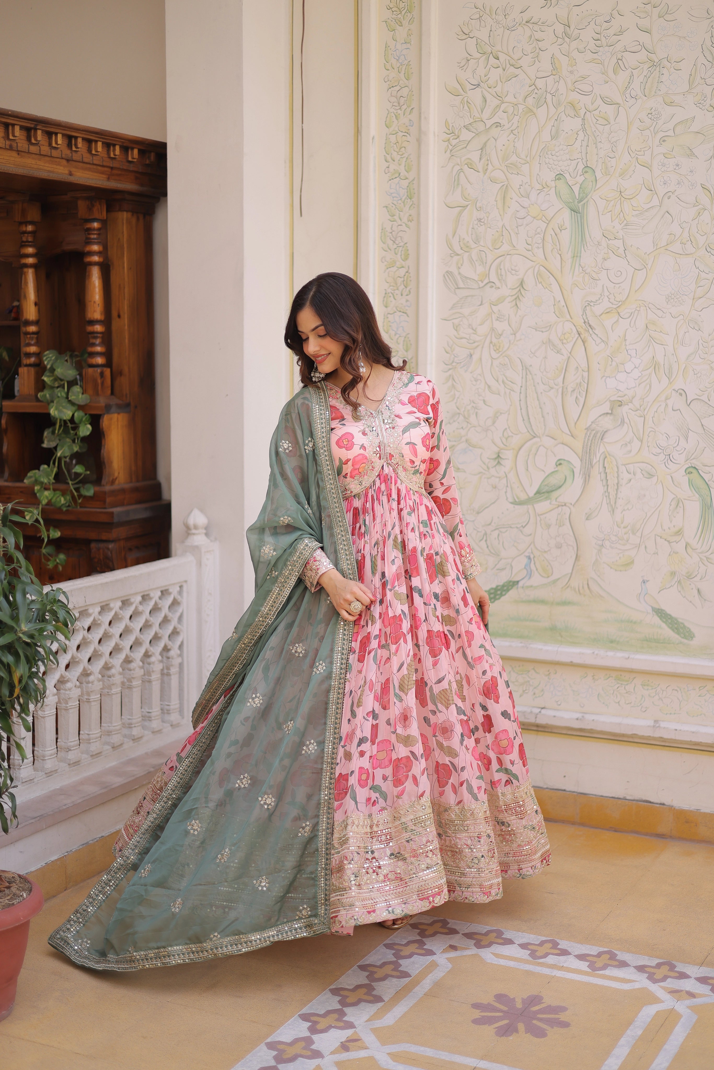 Swara pink digital printed russian silk alia cut gown with dupatta set