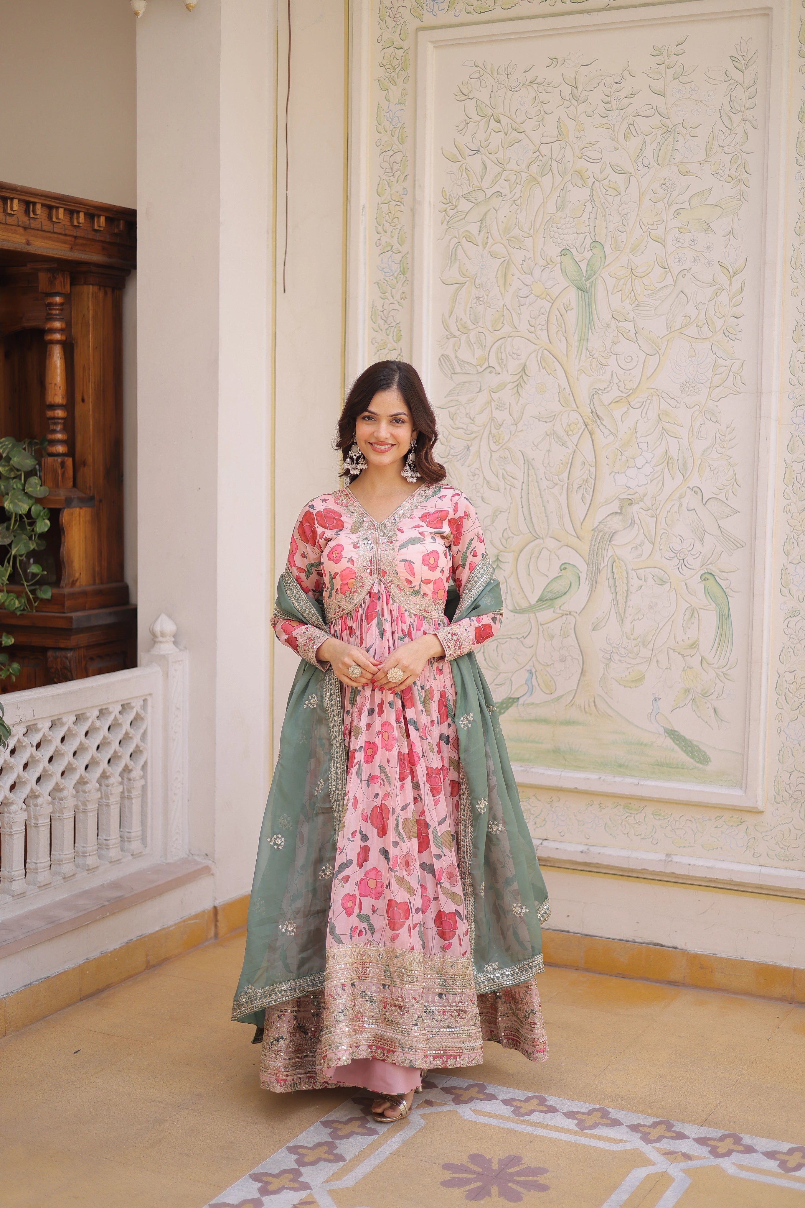 Swara pink digital printed russian silk alia cut gown with dupatta set