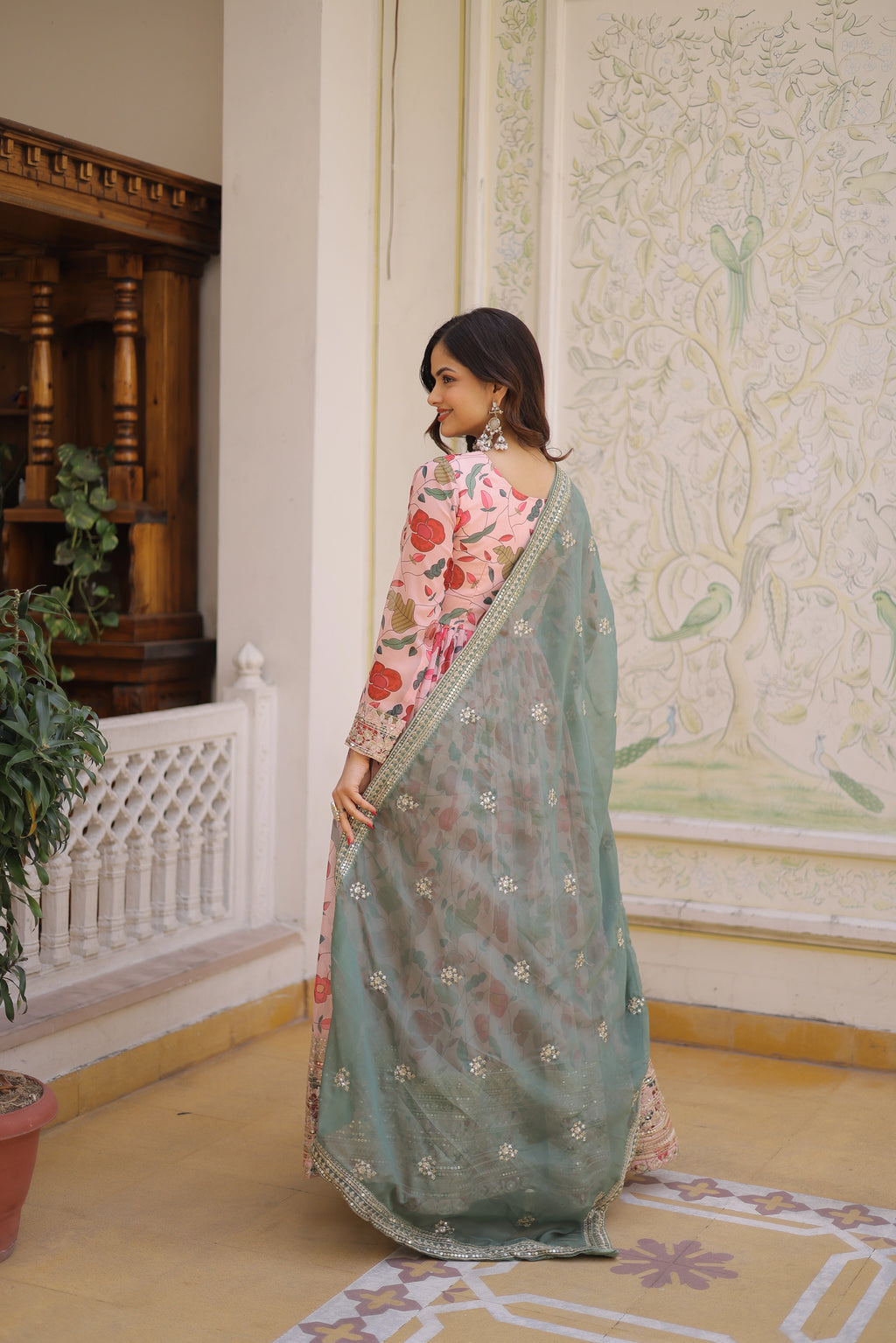 Swara pink digital printed russian silk alia cut gown with dupatta set