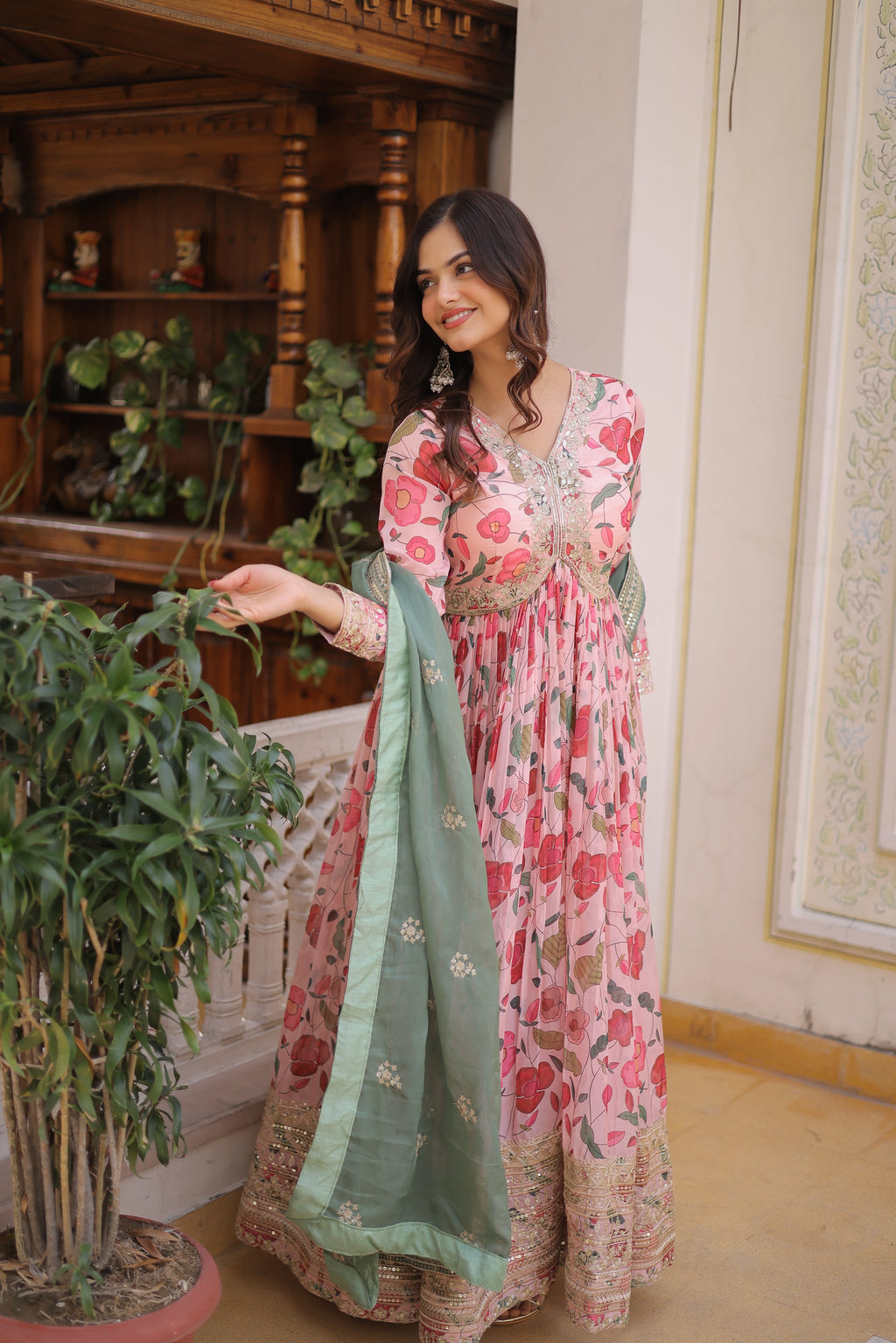 Swara pink digital printed russian silk alia cut gown with dupatta set