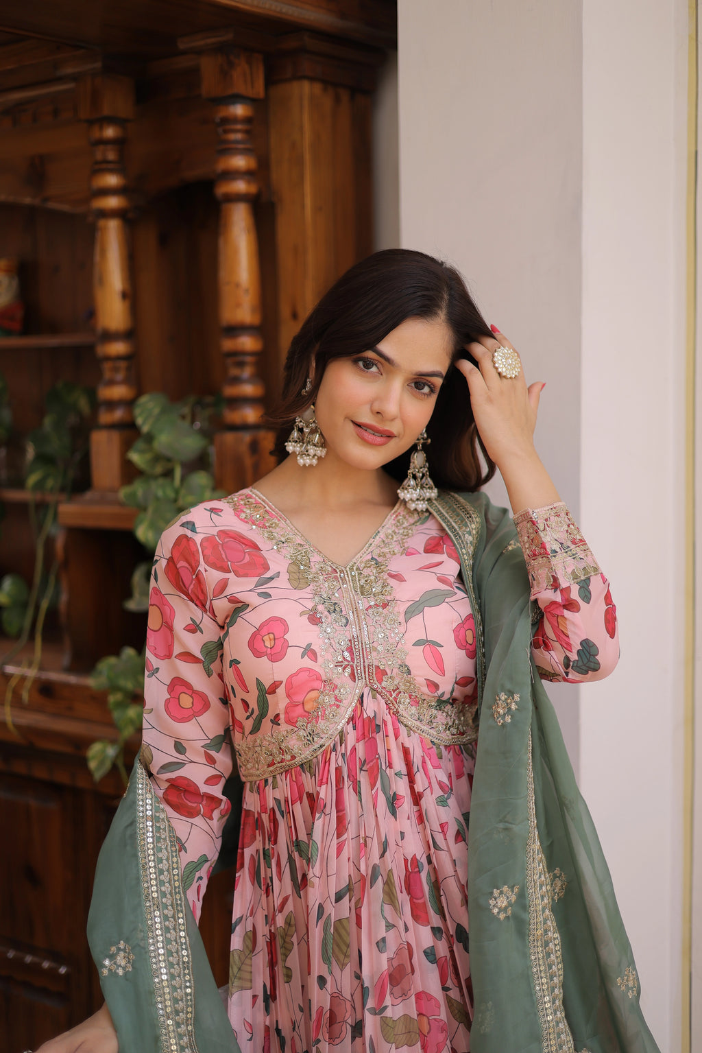 Swara pink digital printed russian silk alia cut gown with dupatta set