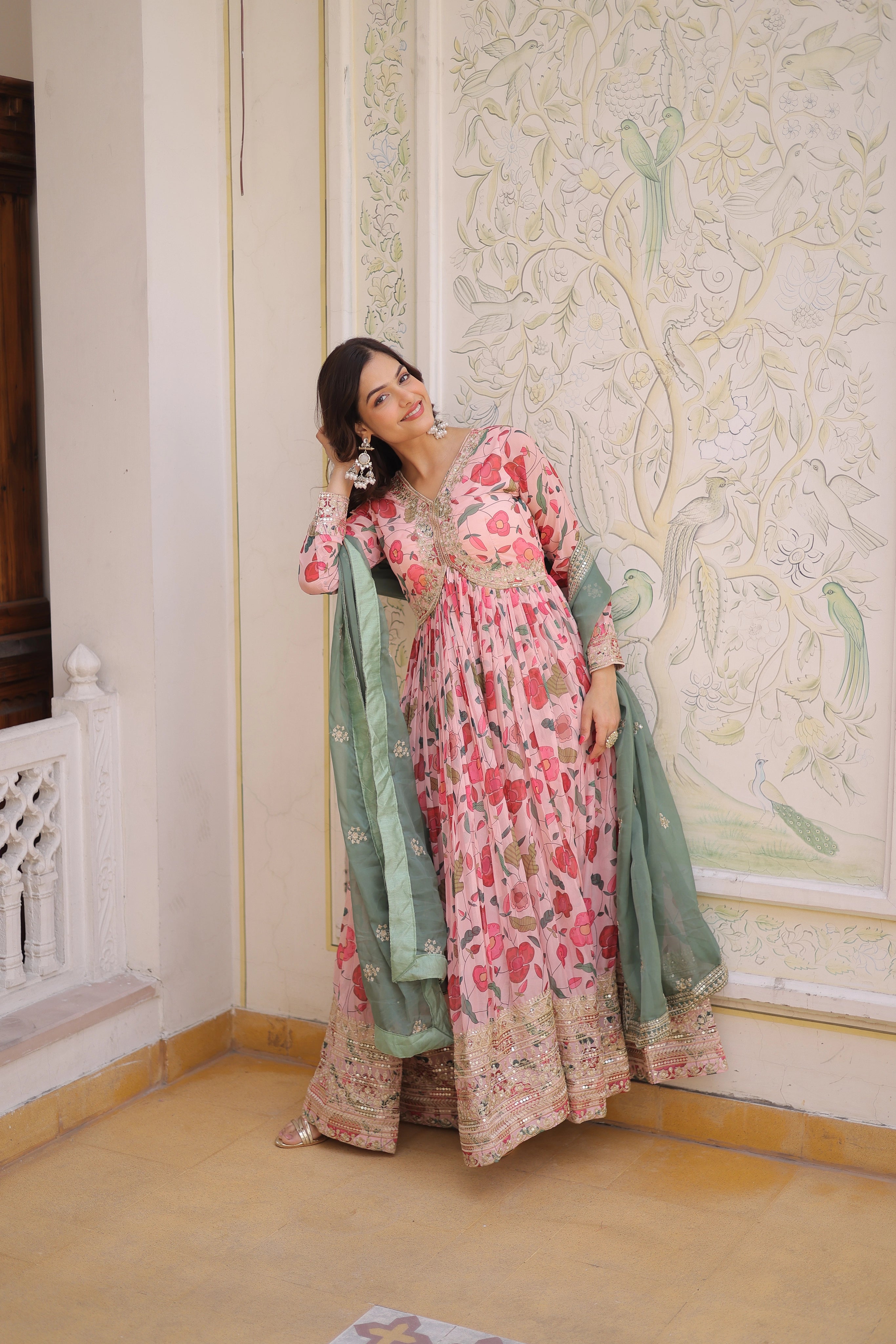 Swara pink digital printed russian silk alia cut gown with dupatta set