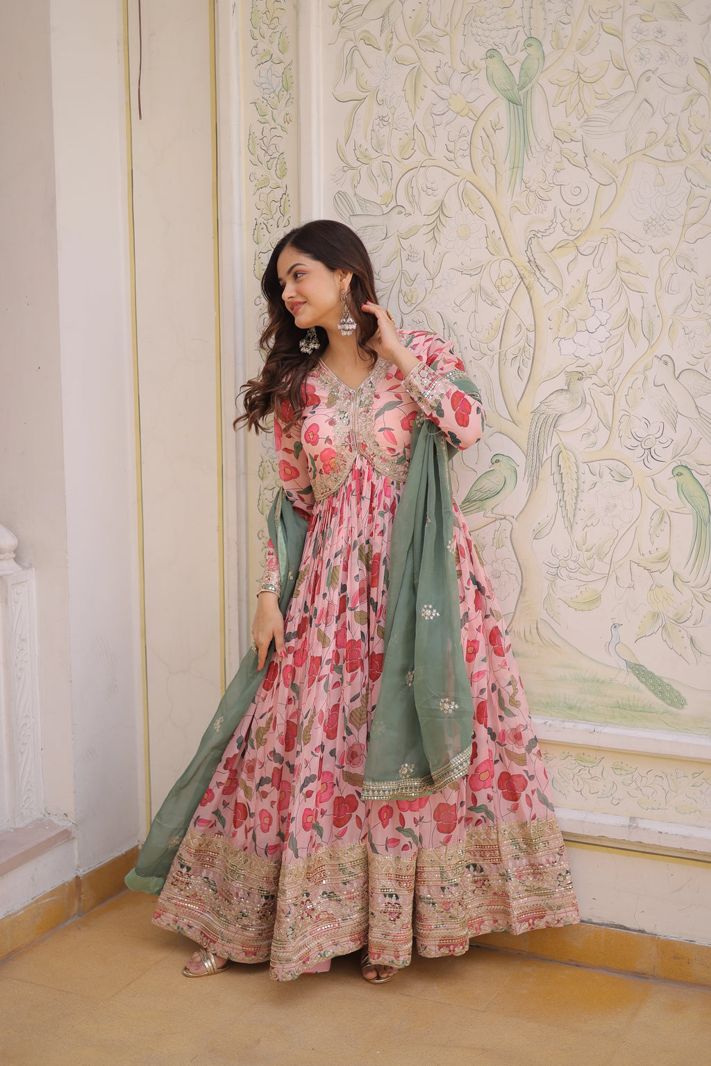Swara pink digital printed russian silk alia cut gown with dupatta set