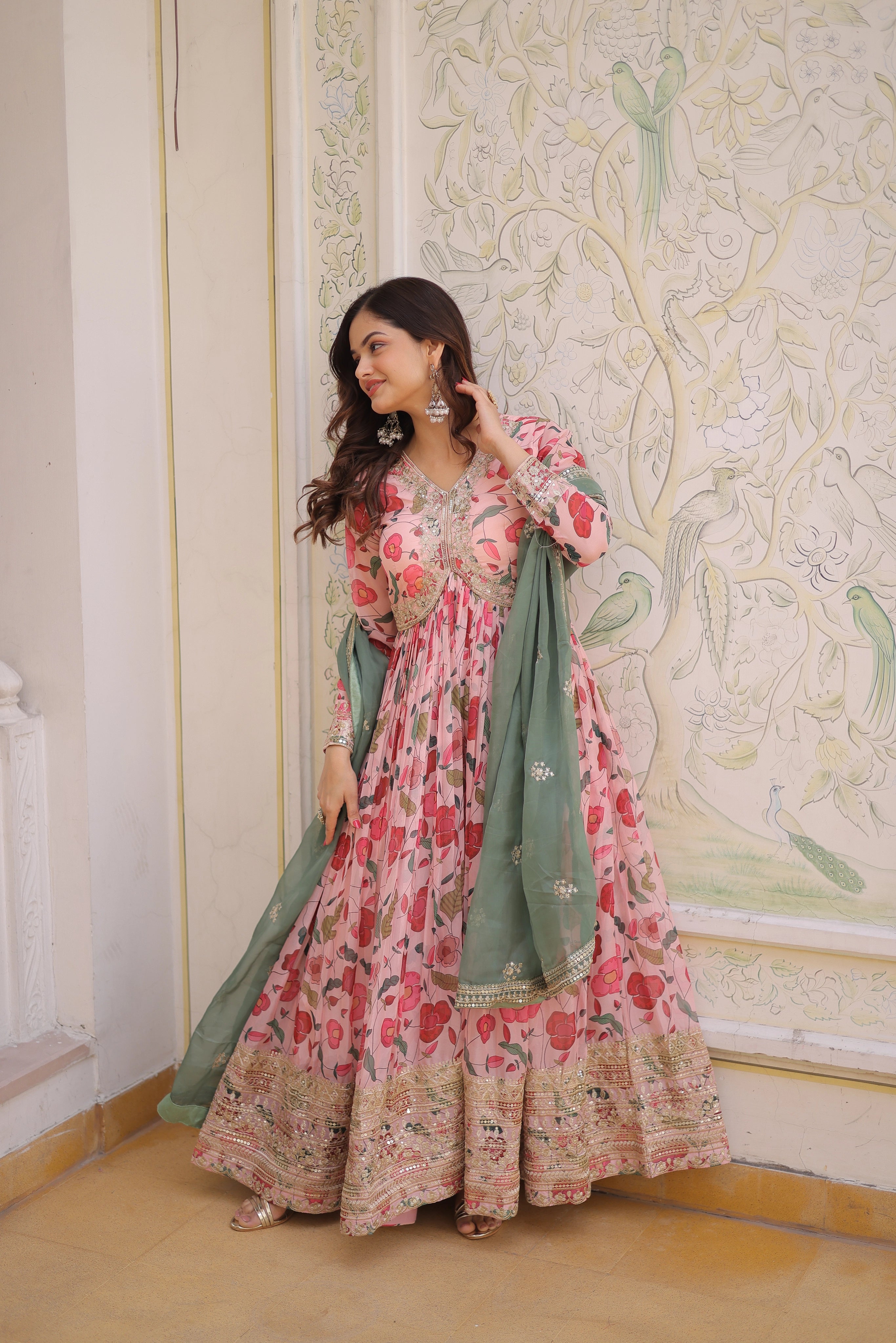 Swara pink digital printed russian silk alia cut gown with dupatta set