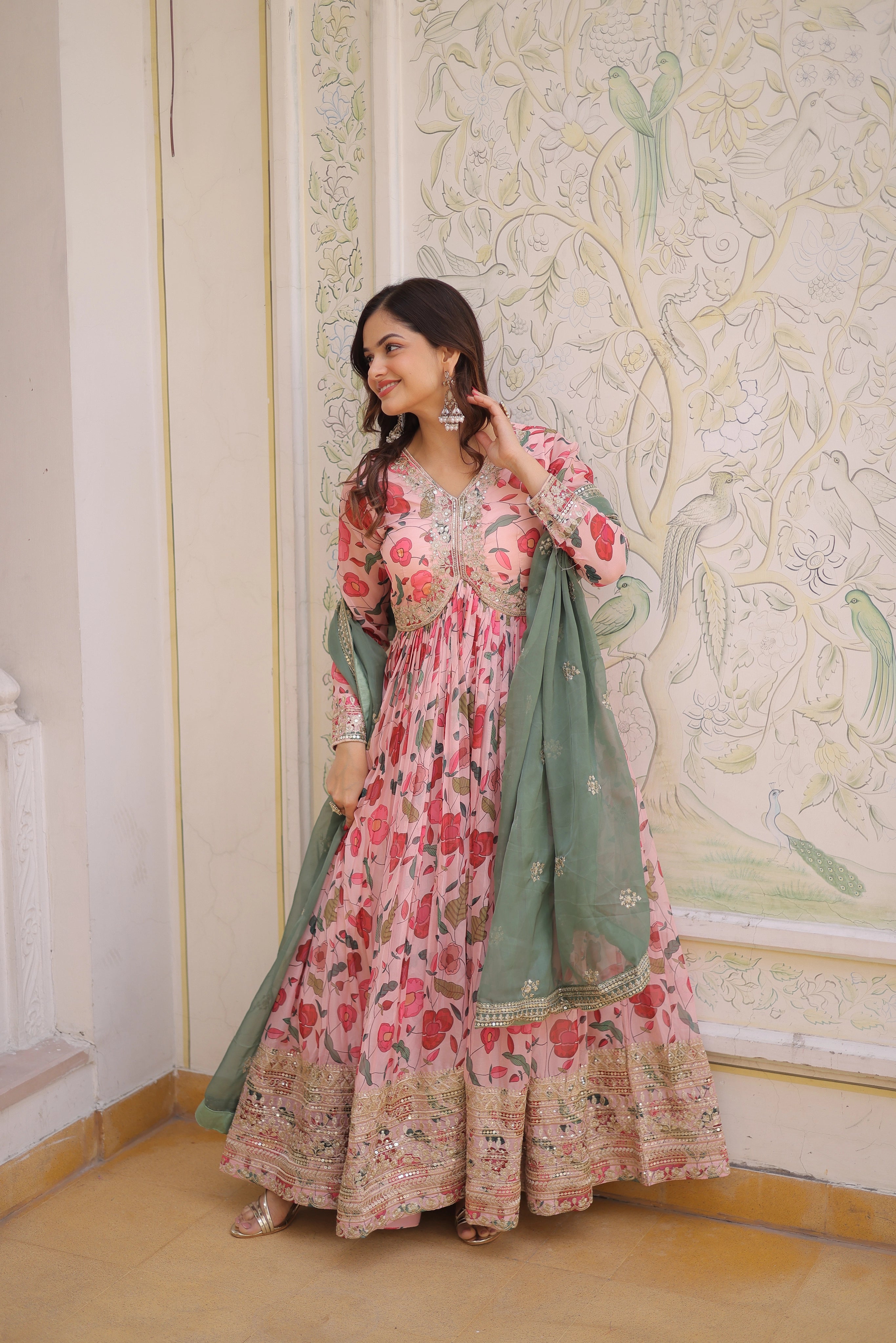 Swara pink digital printed russian silk alia cut gown with dupatta set