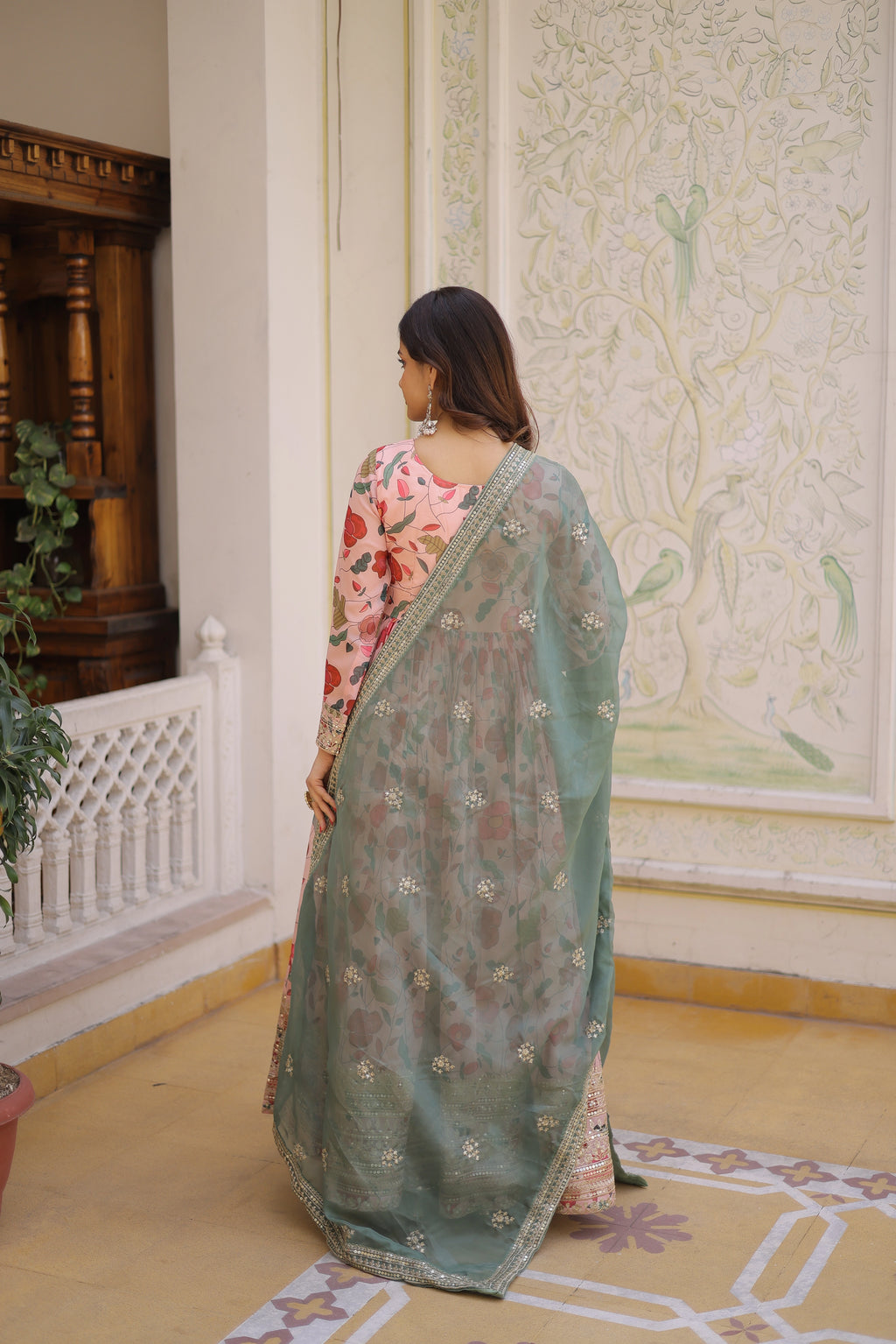 Swara pink digital printed russian silk alia cut gown with dupatta set