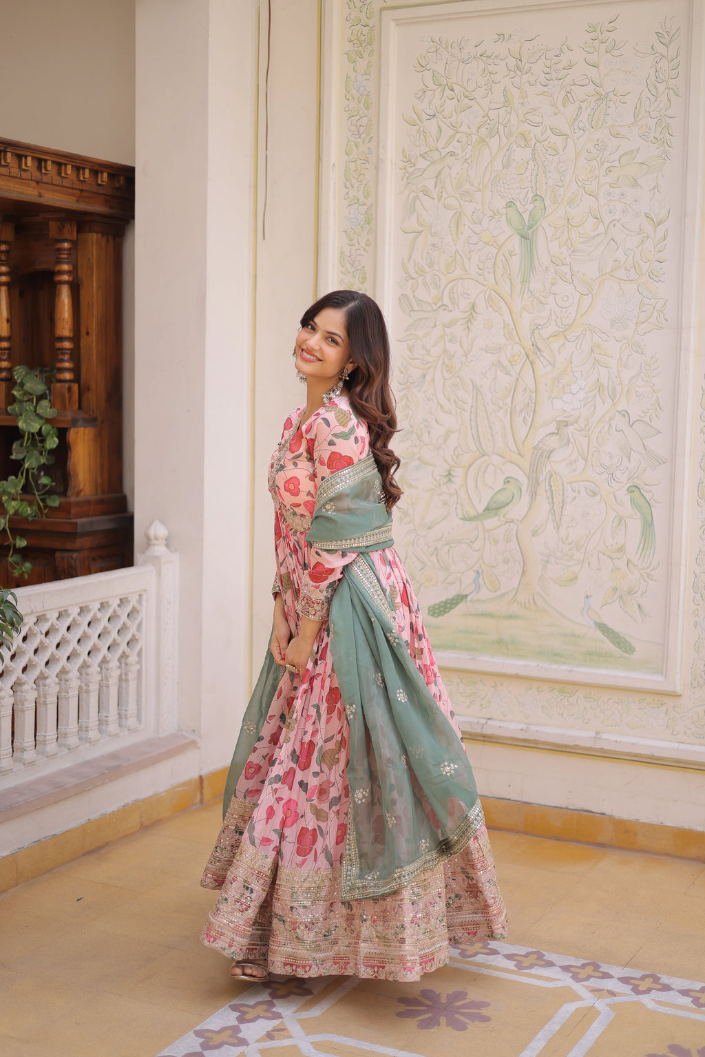 Swara pink digital printed russian silk alia cut gown with dupatta set