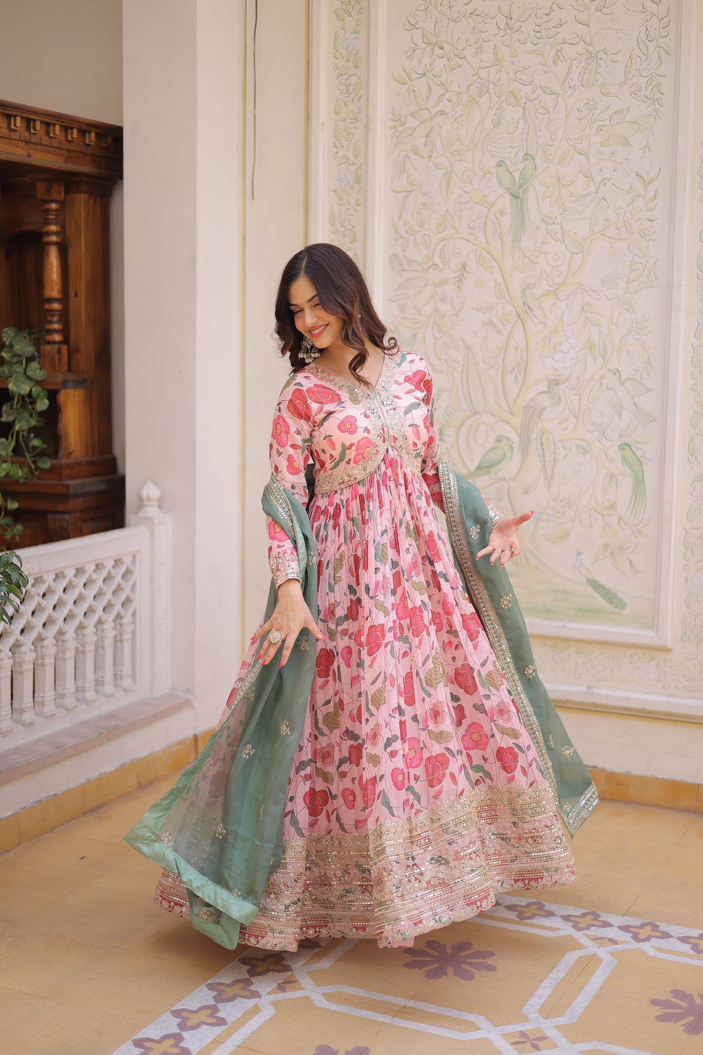 Swara pink digital printed russian silk alia cut gown with dupatta set