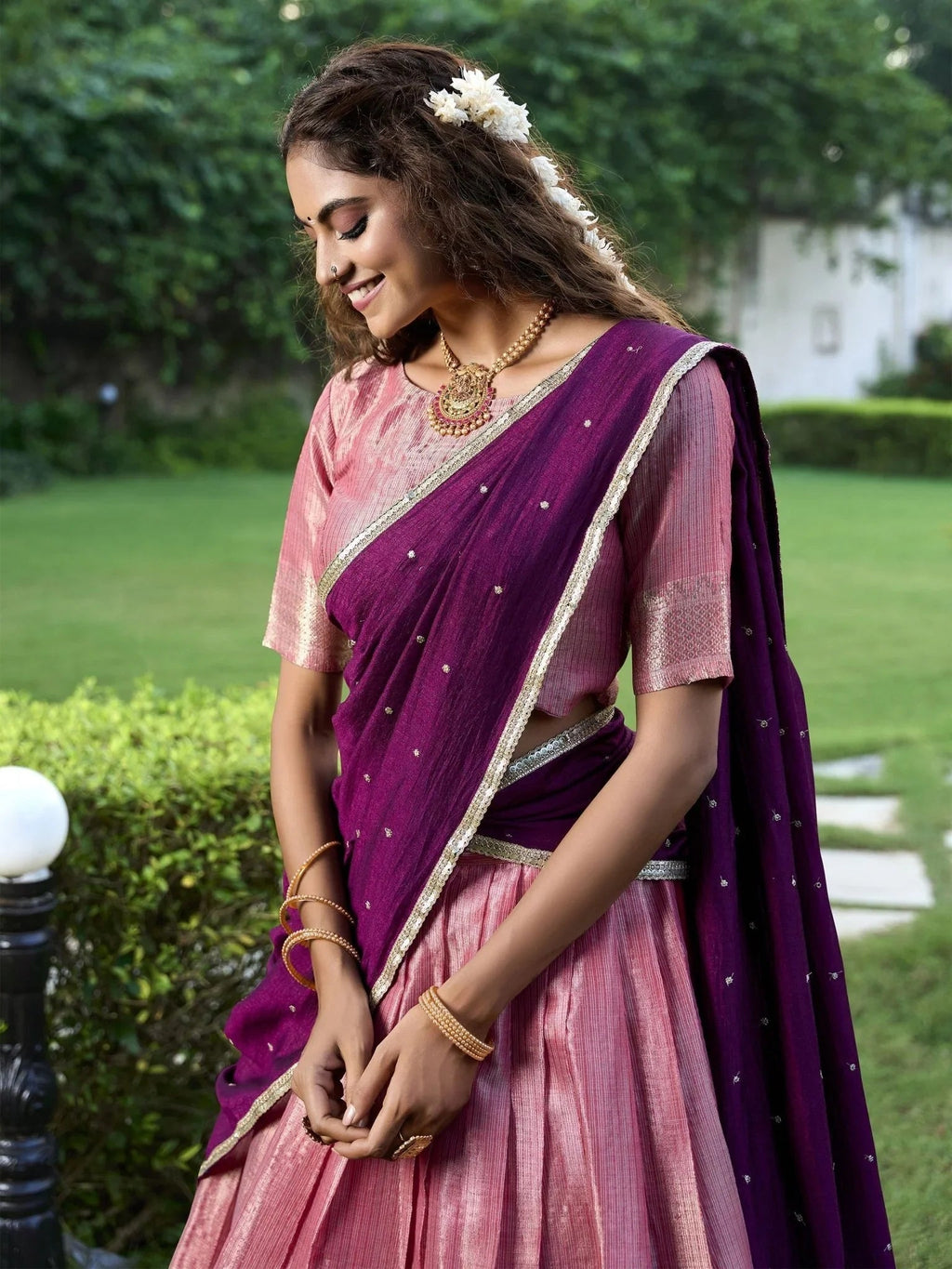 Pink Zari Weaving Sequins Embroidered Kanchipuram Silk Lehenga Choli