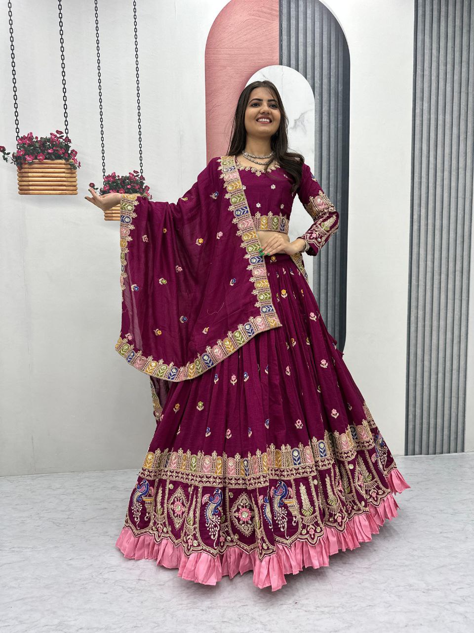 Tashvi deep wine vichitra silk embroidery work lehenga choli set
