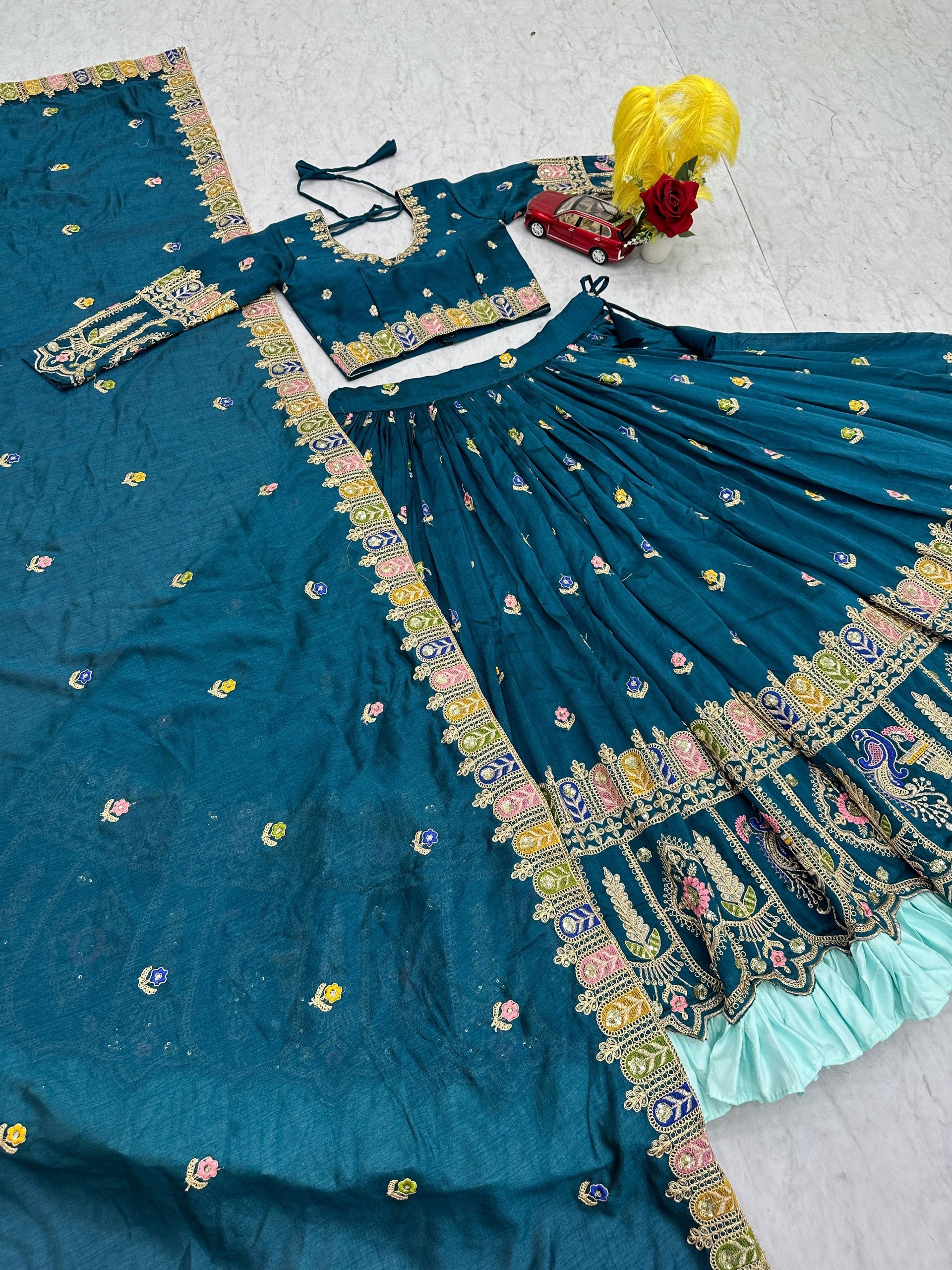 Tashvi teal blue vichitra silk embroidery work lehenga choli set