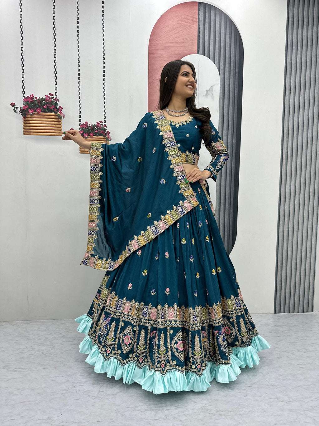 Tashvi teal blue vichitra silk embroidery work lehenga choli set