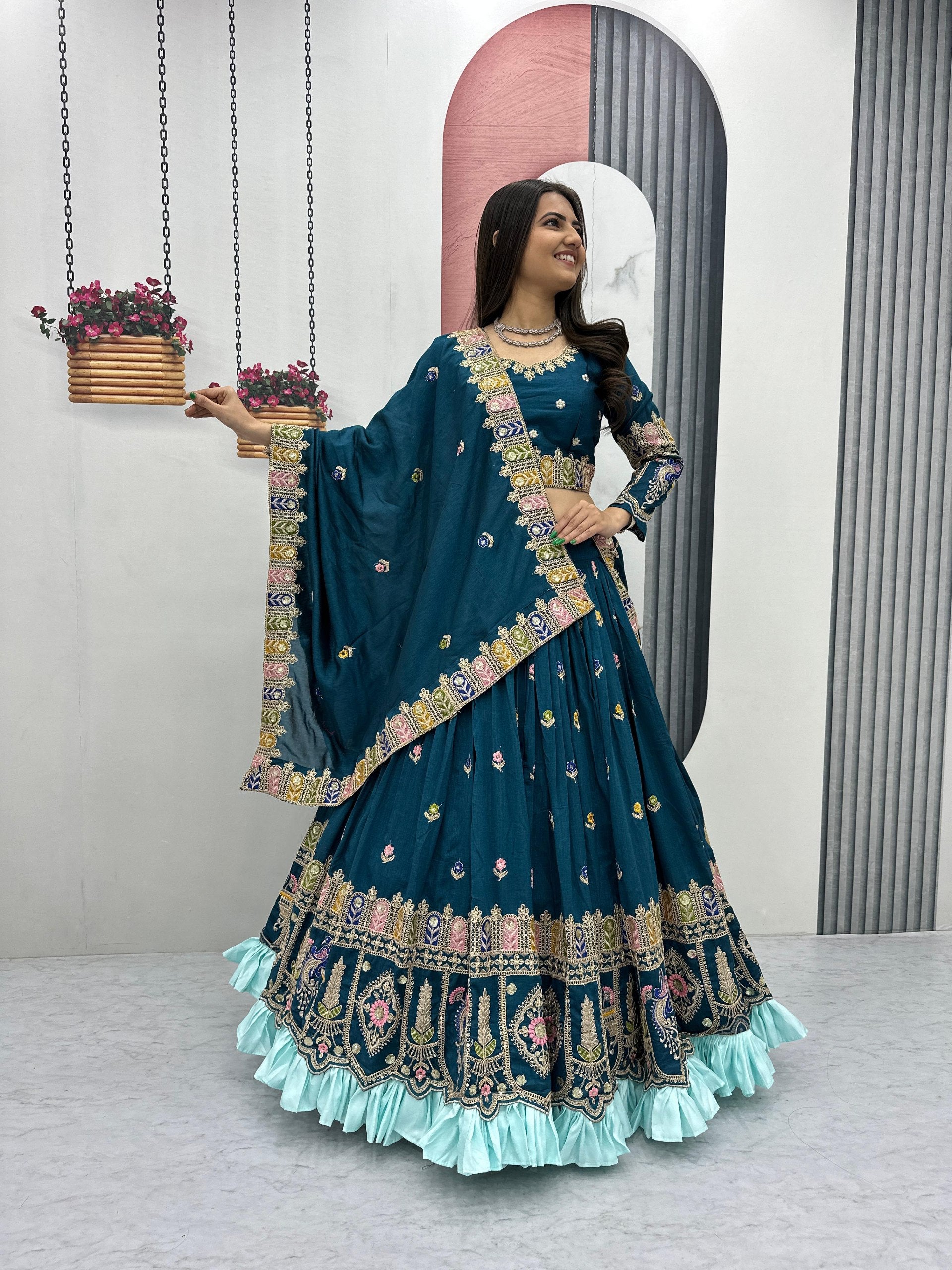 Tashvi teal blue vichitra silk embroidery work lehenga choli set