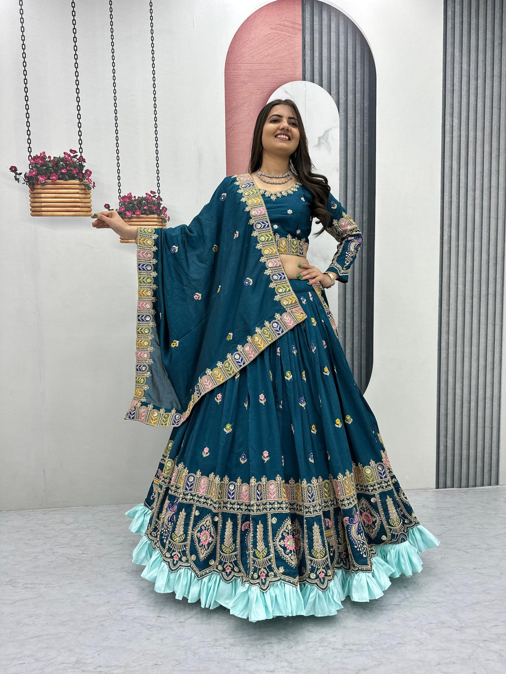 Tashvi teal blue vichitra silk embroidery work lehenga choli set