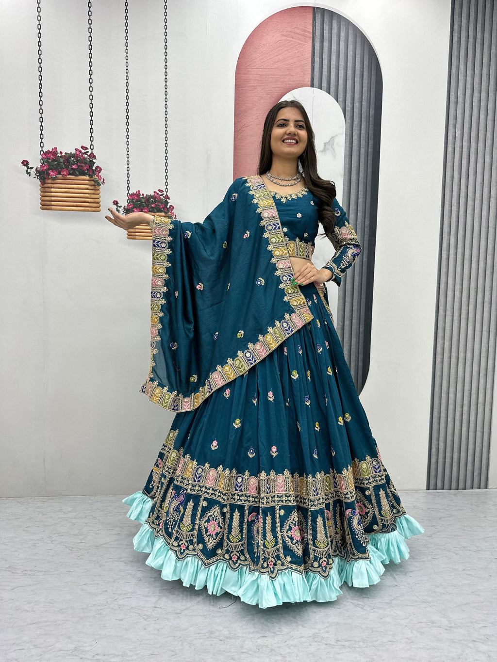 Tashvi teal blue vichitra silk embroidery work lehenga choli set