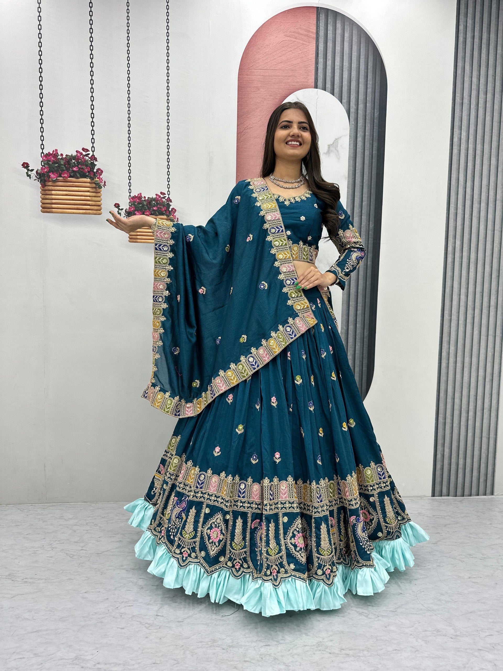 Tashvi teal blue vichitra silk embroidery work lehenga choli set