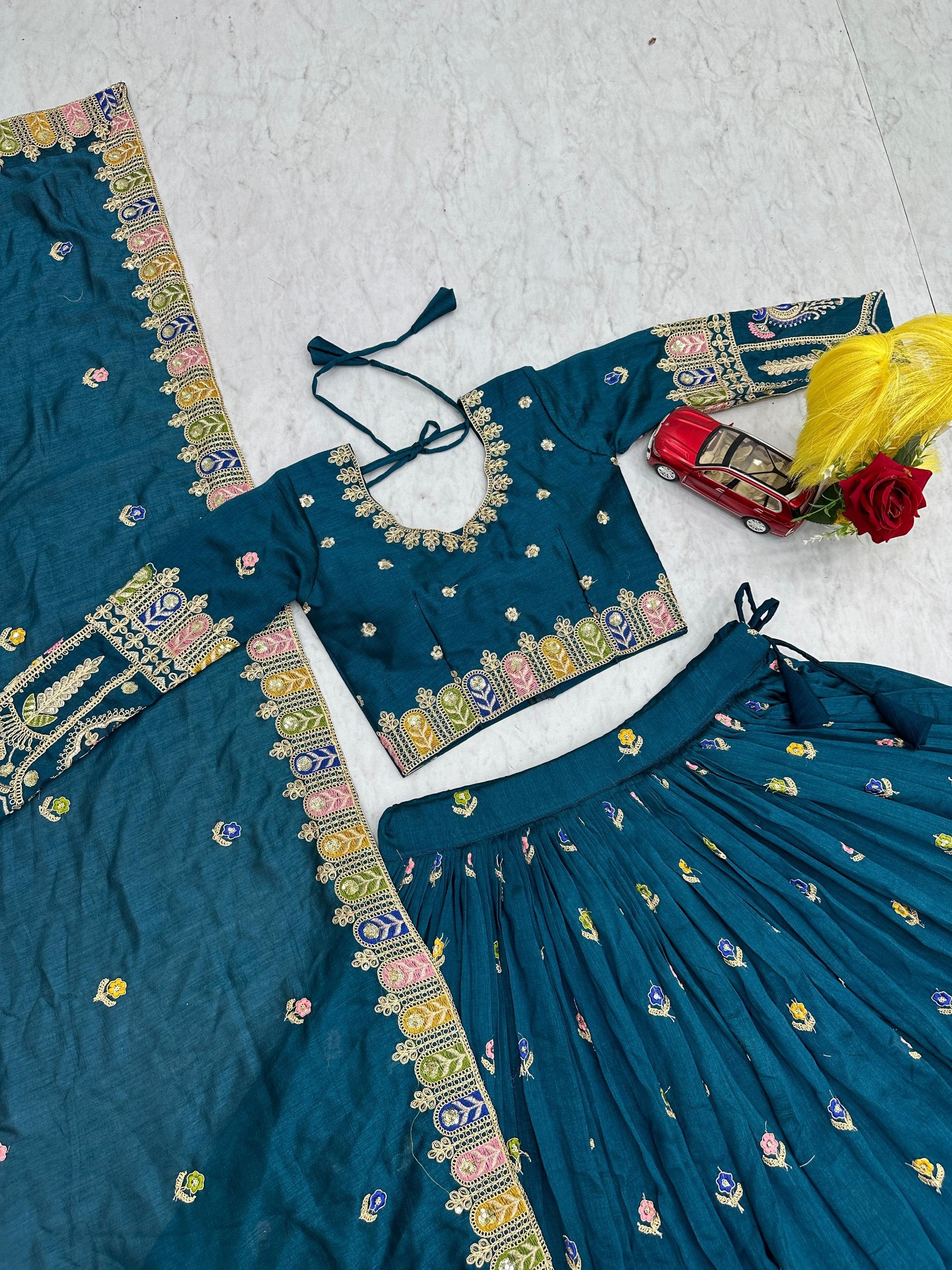 Tashvi teal blue vichitra silk embroidery work lehenga choli set