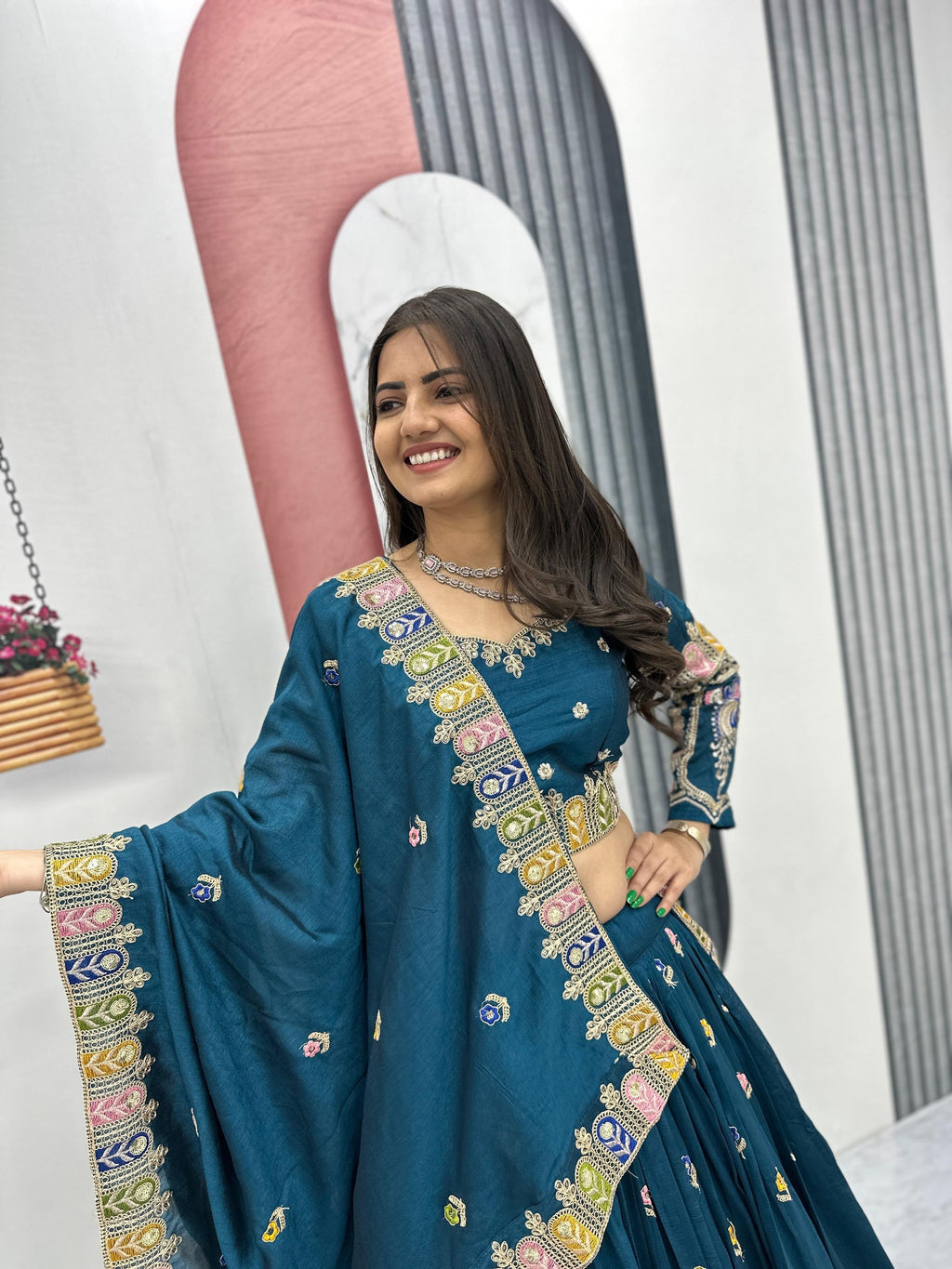 Tashvi teal blue vichitra silk embroidery work lehenga choli set