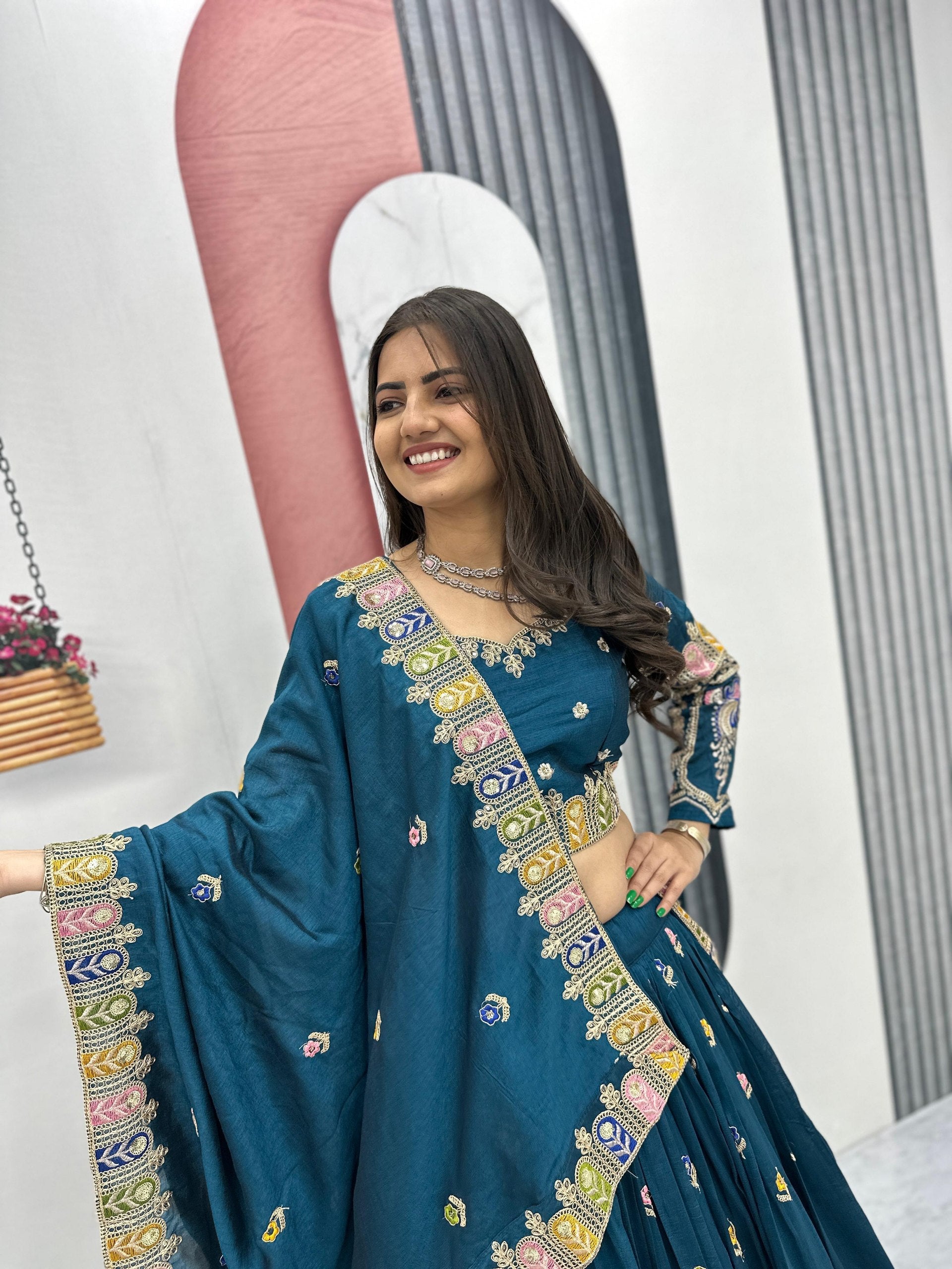 Tashvi teal blue vichitra silk embroidery work lehenga choli set