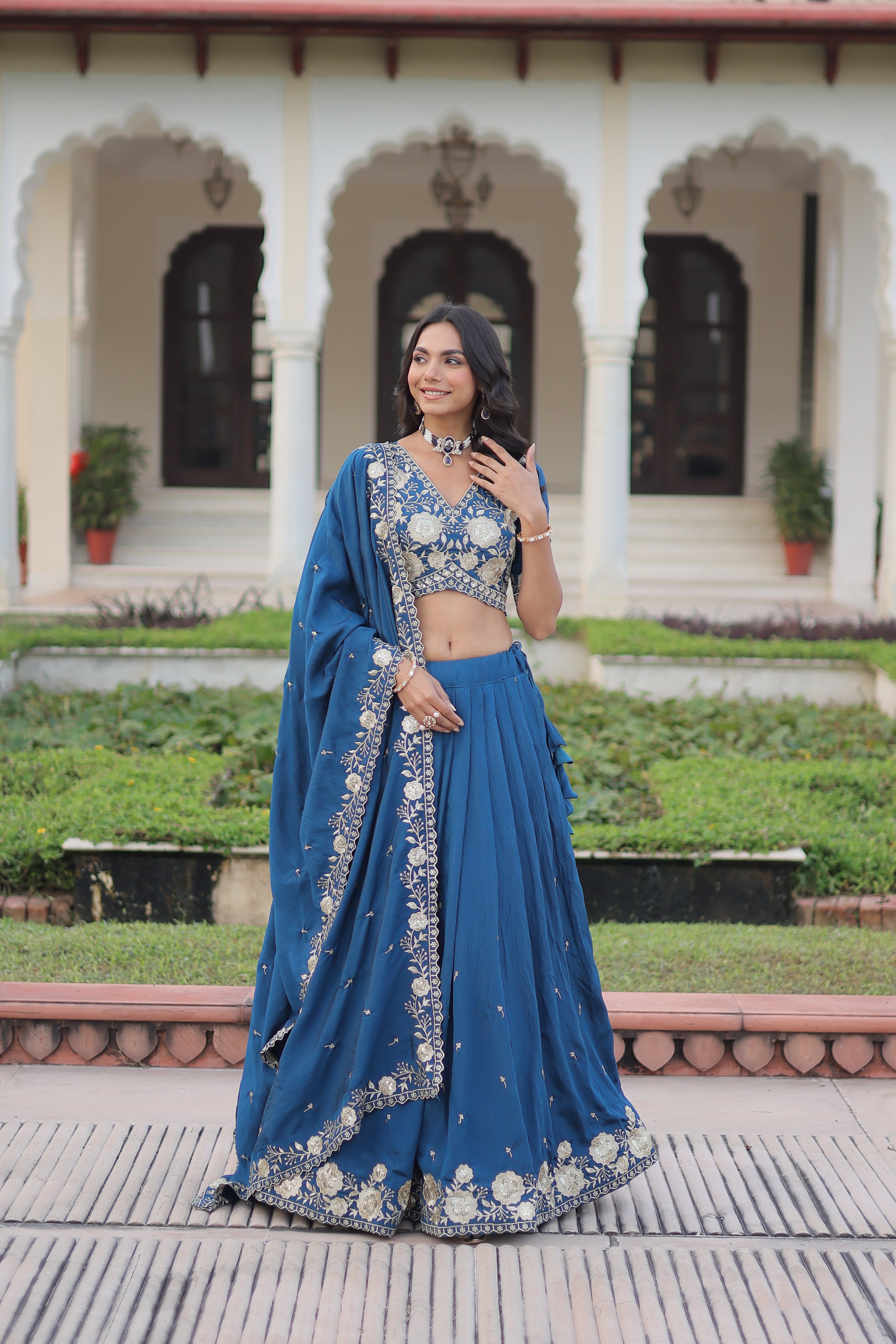 Tavya Blue Color Vichitra Silk Sequins Thread Embroidered Work Lehenga Choli