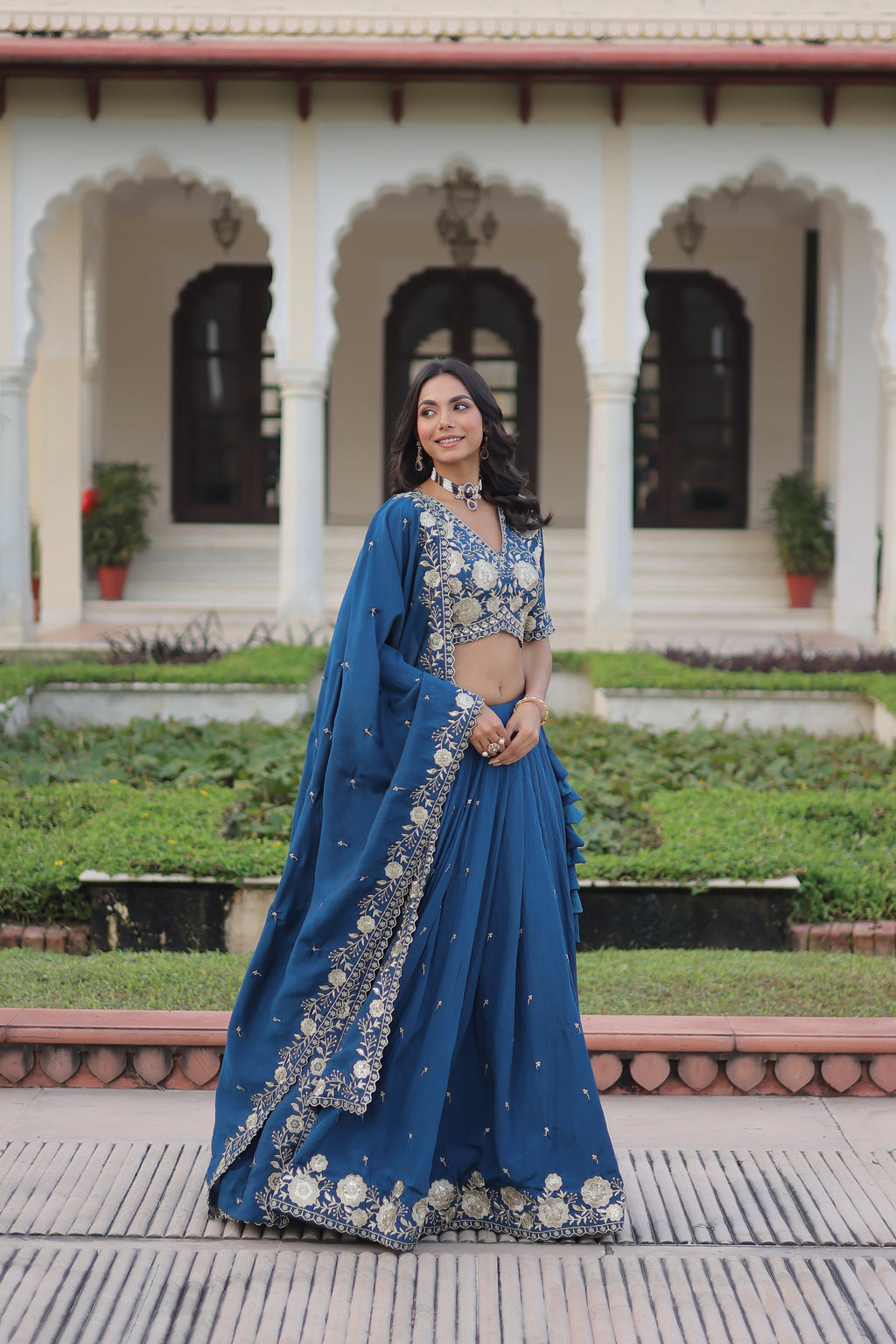 Tavya Blue Color Vichitra Silk Sequins Thread Embroidered Work Lehenga Choli